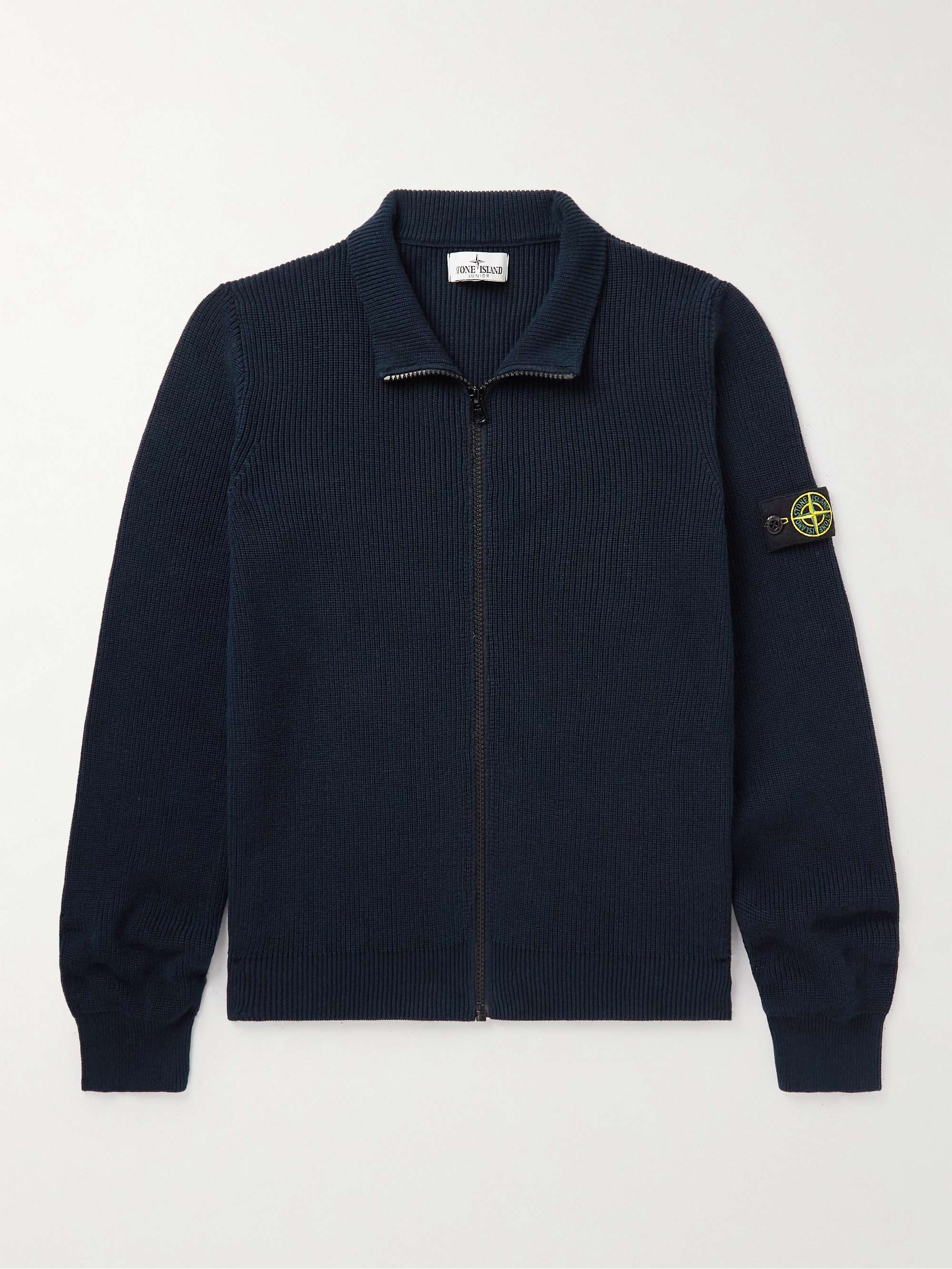 STONE ISLAND JUNIOR Ages 6-8 Logo-Appliquéd Ribbed Cotton Zip-Up ...