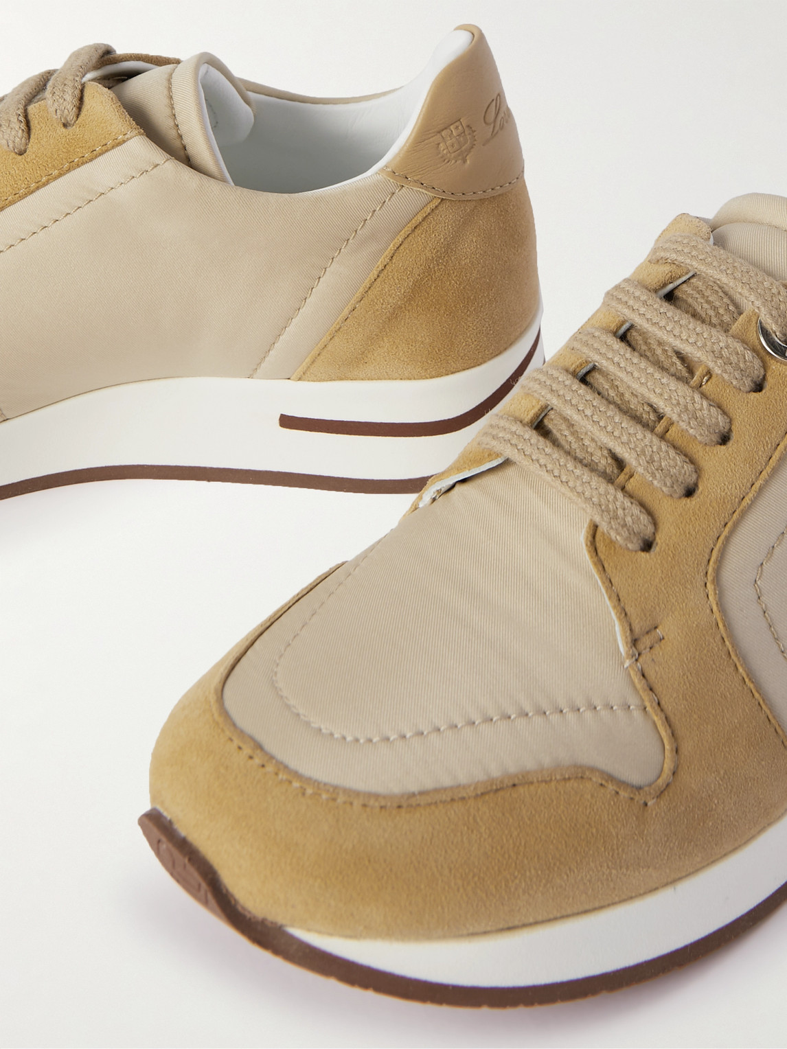 Shop Loro Piana Walk Leather- And Suede-panelled Mesh Sneakers In Brown