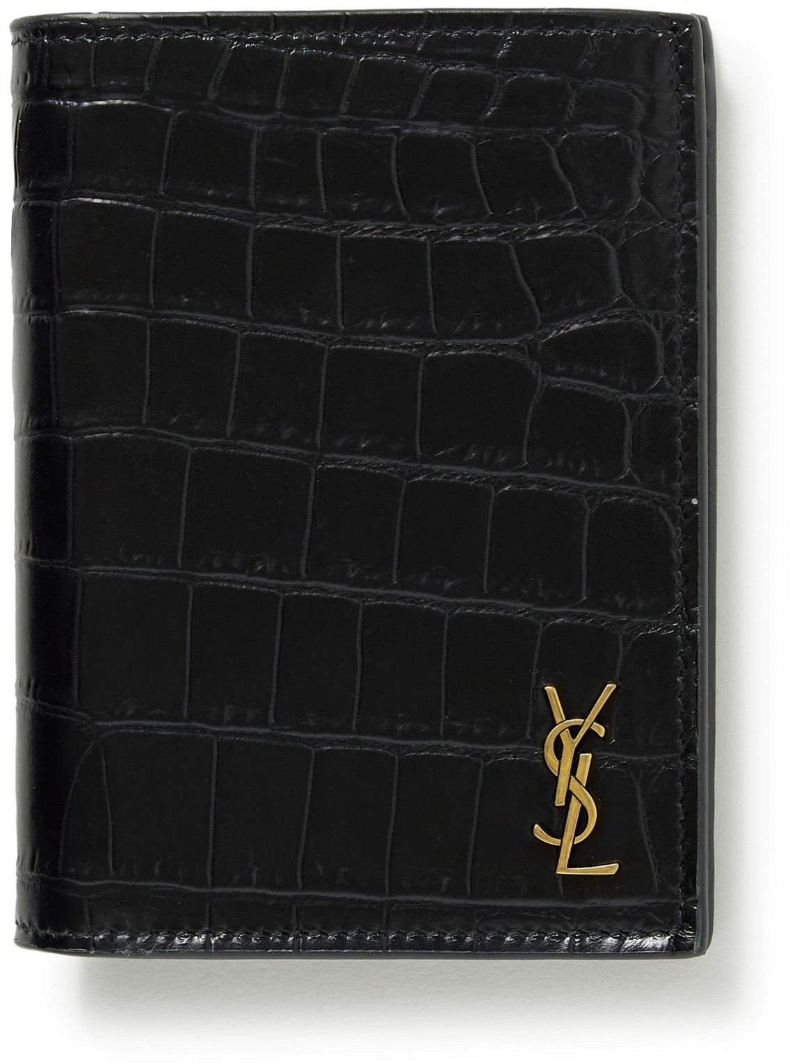 Saint Laurent Logo-appliquéd Croc-effect Leather Billfold Wallet In Black