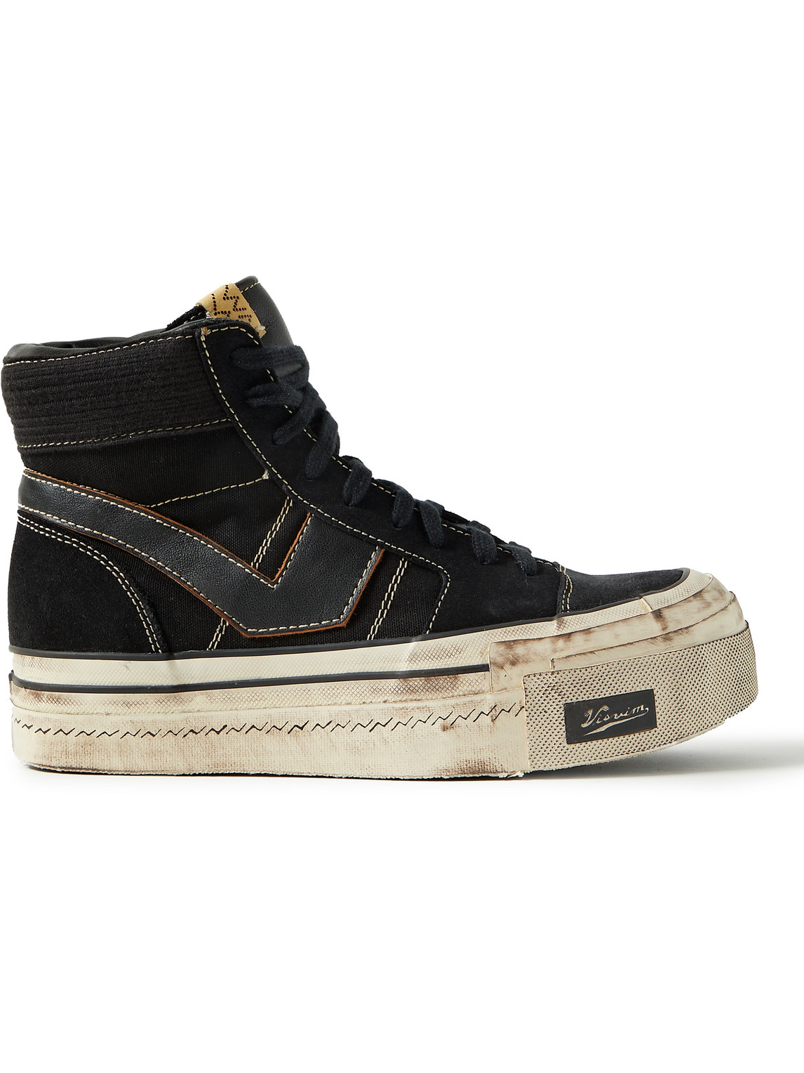 VISVIM ZEPHYR HI DISTRESSED LEATHER-TRIMMED COTTON-CANVAS HIGH-TOP SNEAKERS