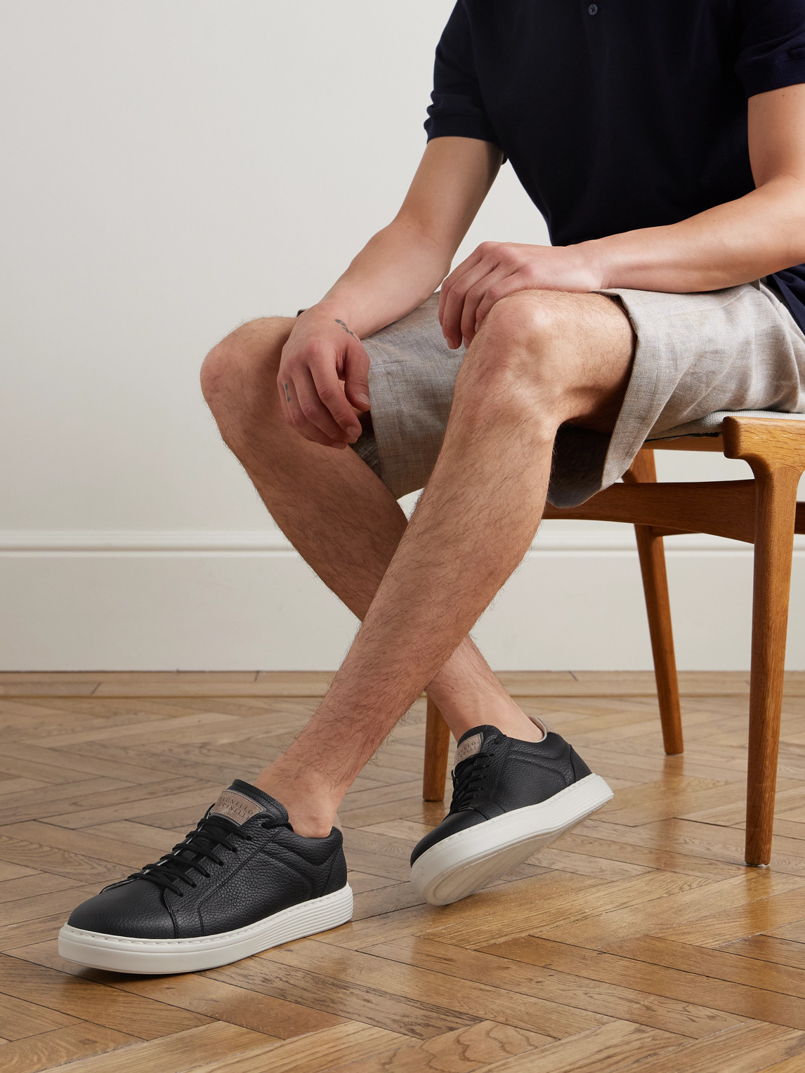 Brunello Cucinelli Suede-trimmed Full-grain Leather Sneakers In Black