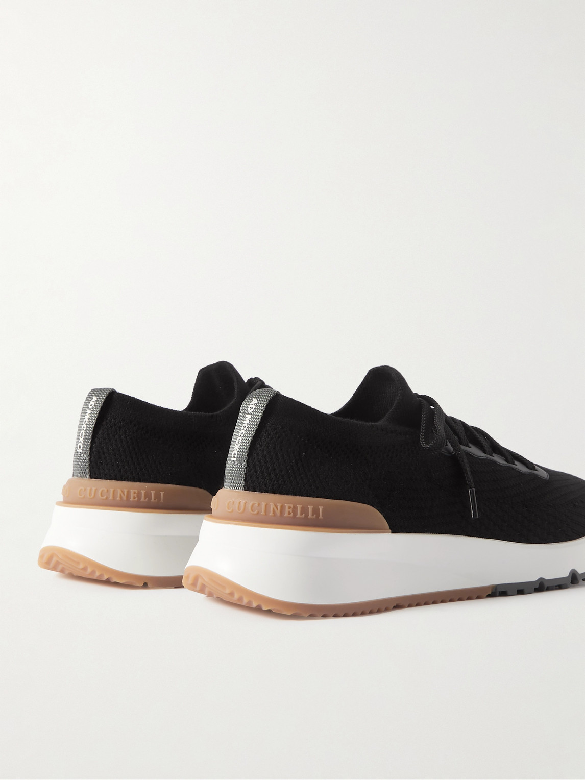 Shop Brunello Cucinelli Leather-trimmed Stretch-knit Sneakers In Black
