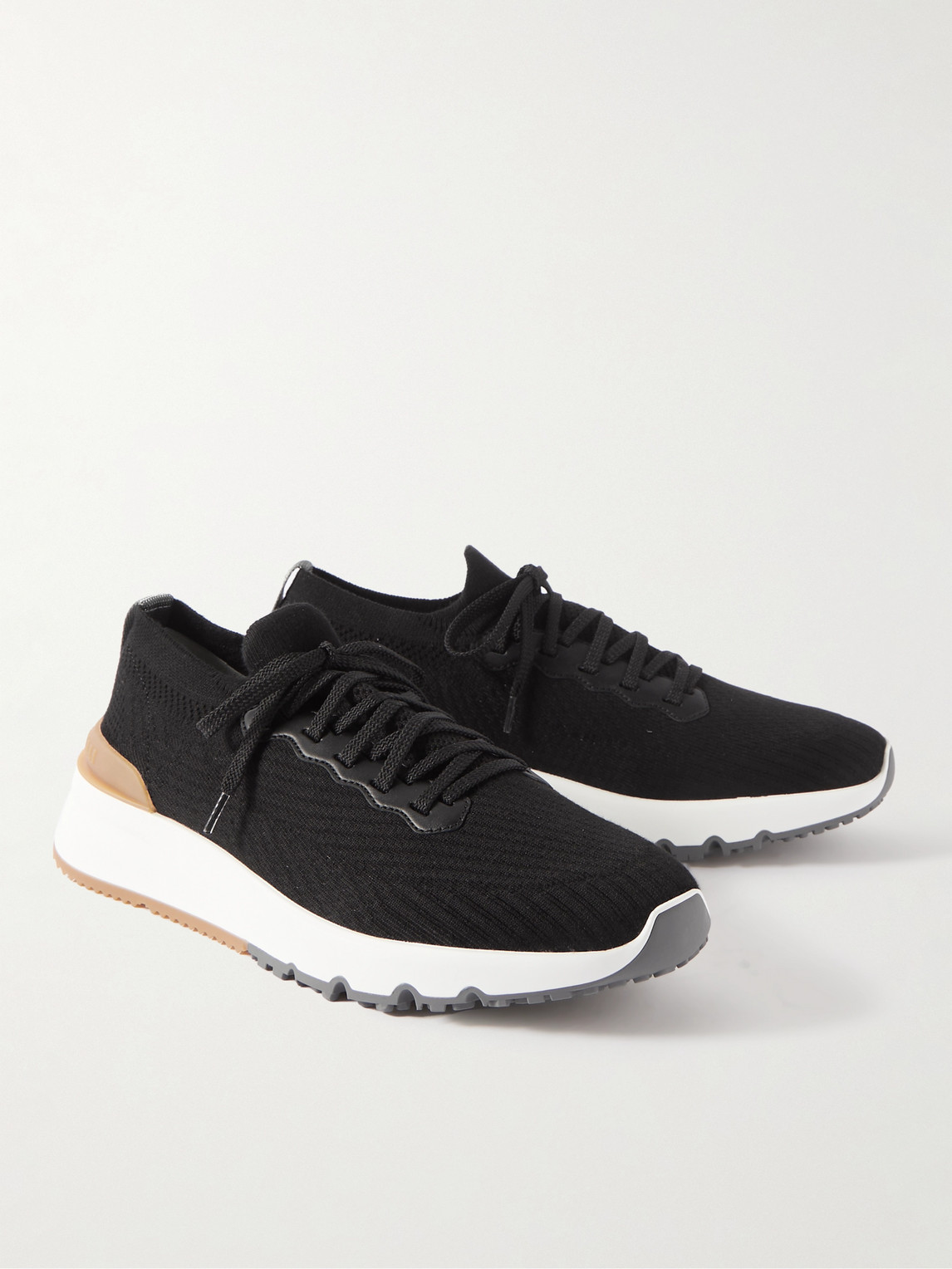 Shop Brunello Cucinelli Leather-trimmed Stretch-knit Sneakers In Black