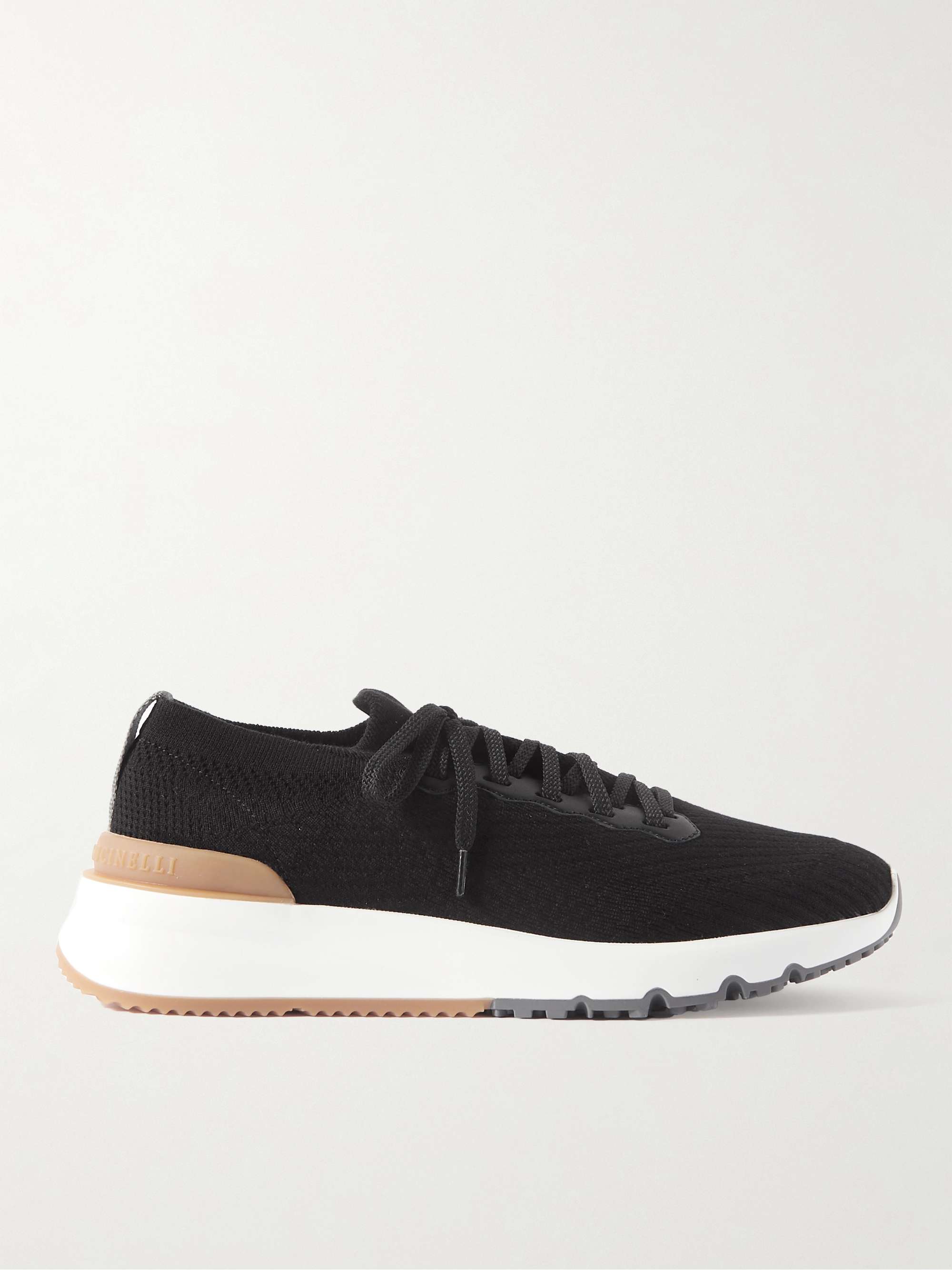 Leather-Trimmed Stretch-Knit Sneakers