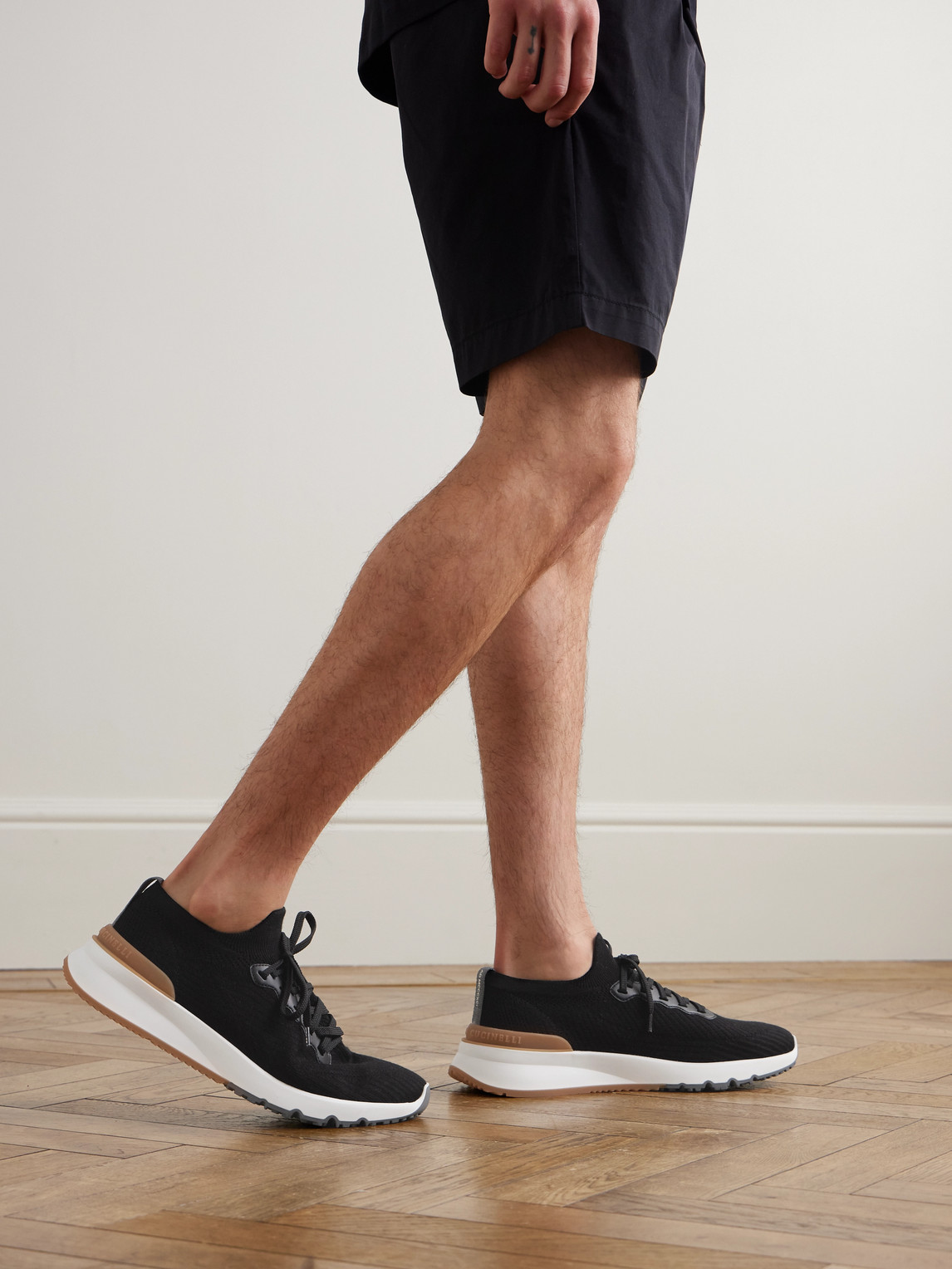 Shop Brunello Cucinelli Leather-trimmed Stretch-knit Sneakers In Black