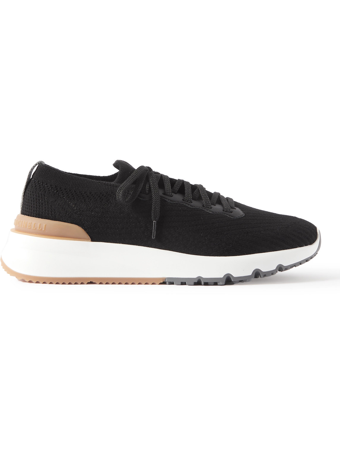 Shop Brunello Cucinelli Leather-trimmed Stretch-knit Sneakers In Black