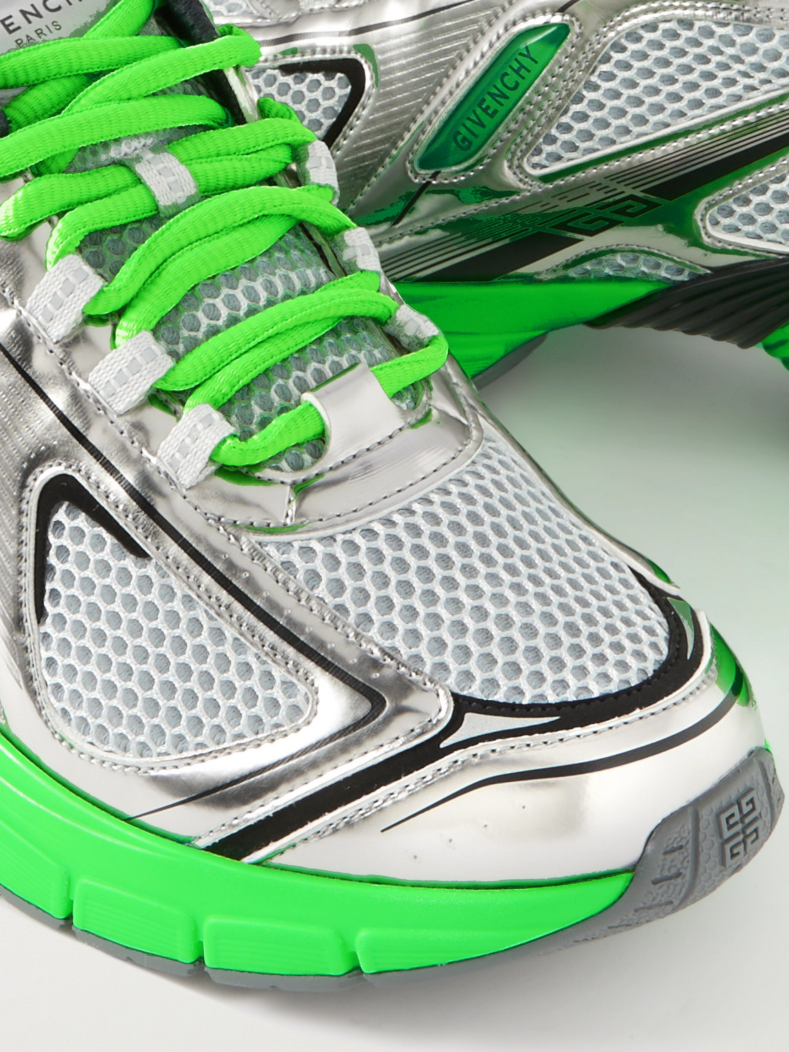 Shop Givenchy Tk-mx Runner Faux Metallic Leather-trimmed Mesh Sneakers In Silver