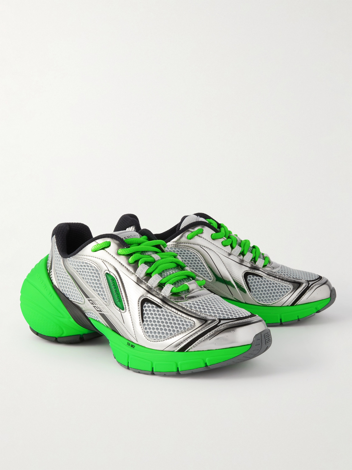 Shop Givenchy Tk-mx Runner Faux Metallic Leather-trimmed Mesh Sneakers In Silver