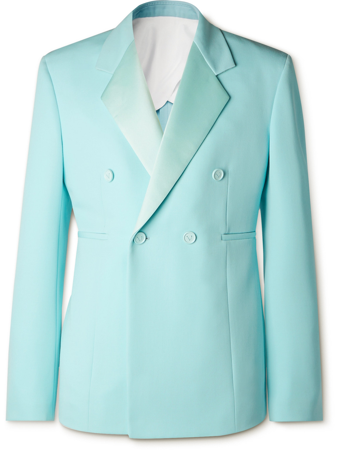 Bottega Veneta Double-breasted Satin-trimmed Grain De Poudre Wool Suit Jacket In Blue