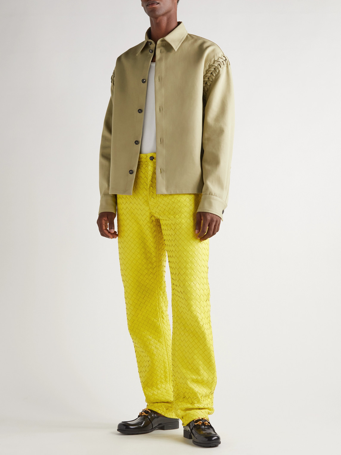 Shop Bottega Veneta Intrecciato Leather Trousers In Yellow