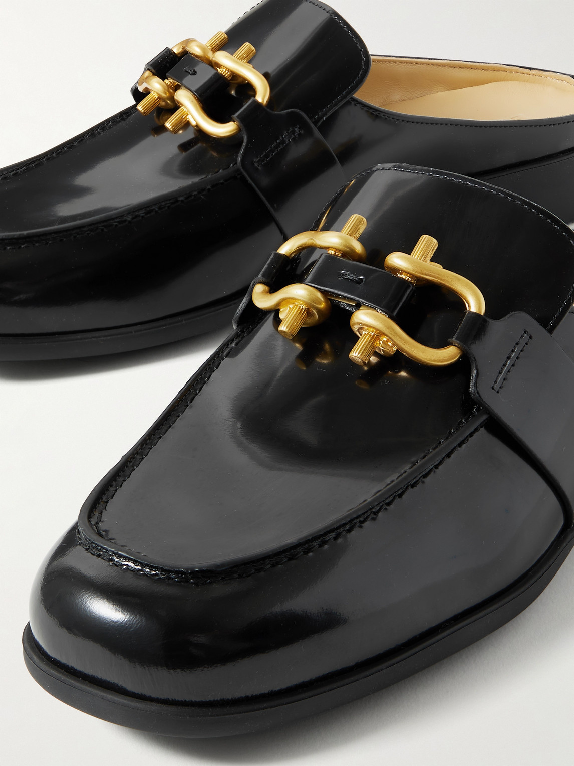 Shop Bottega Veneta Monsieur Embellished Glossed-leather Backless Loafers In Black