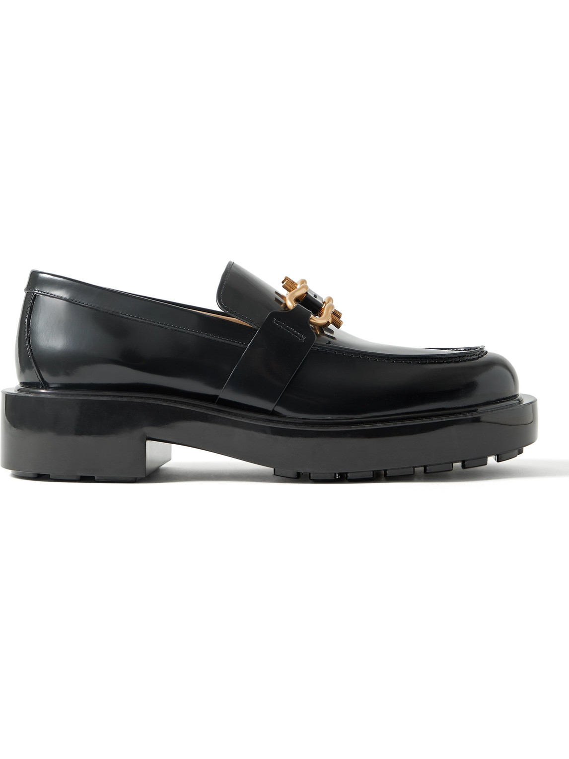 Shop Bottega Veneta Horsebit Glossed-leather Loafers In Black