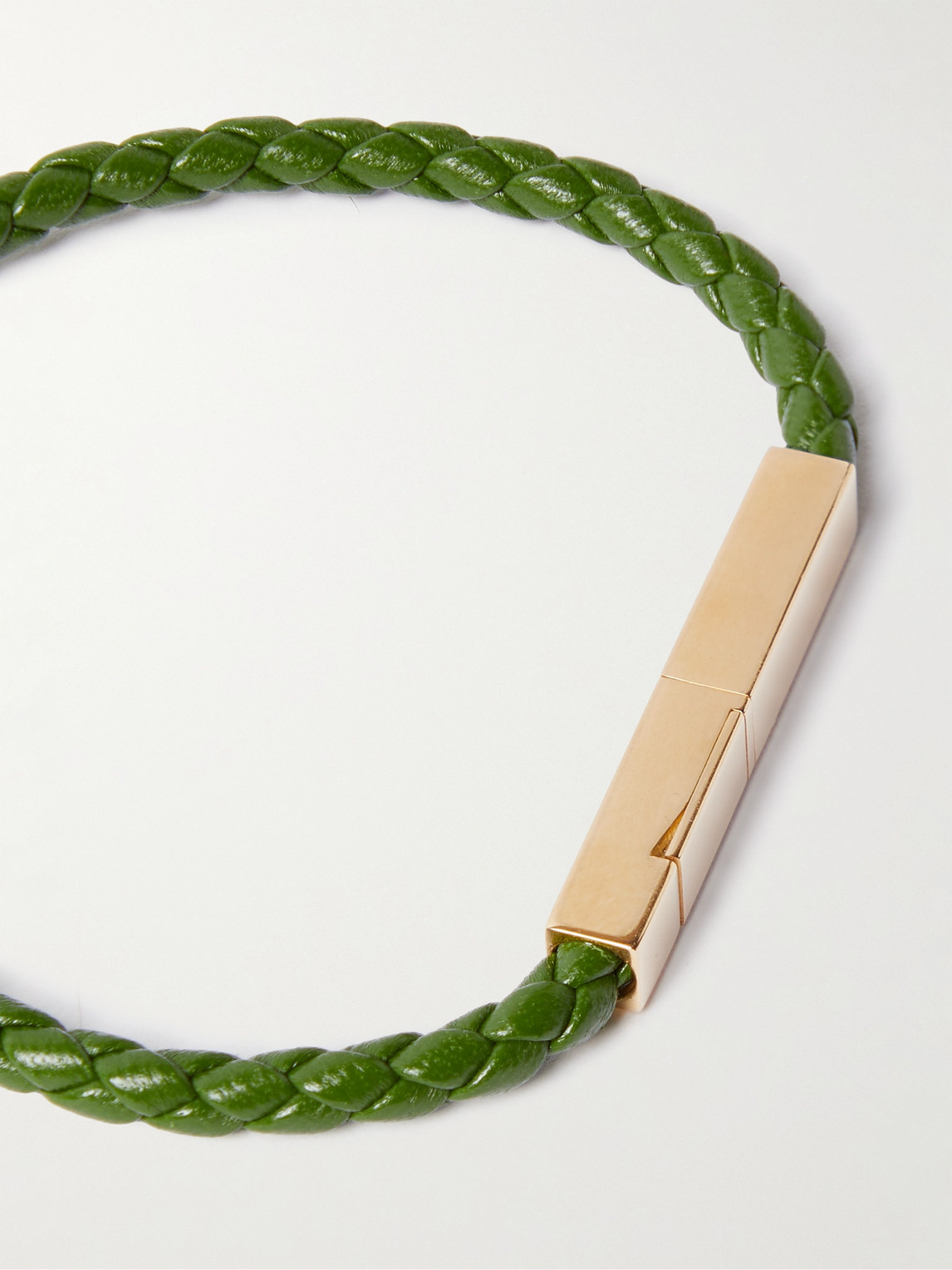 Shop Bottega Veneta Braided Leather And Gold-plated Bracelet In Green