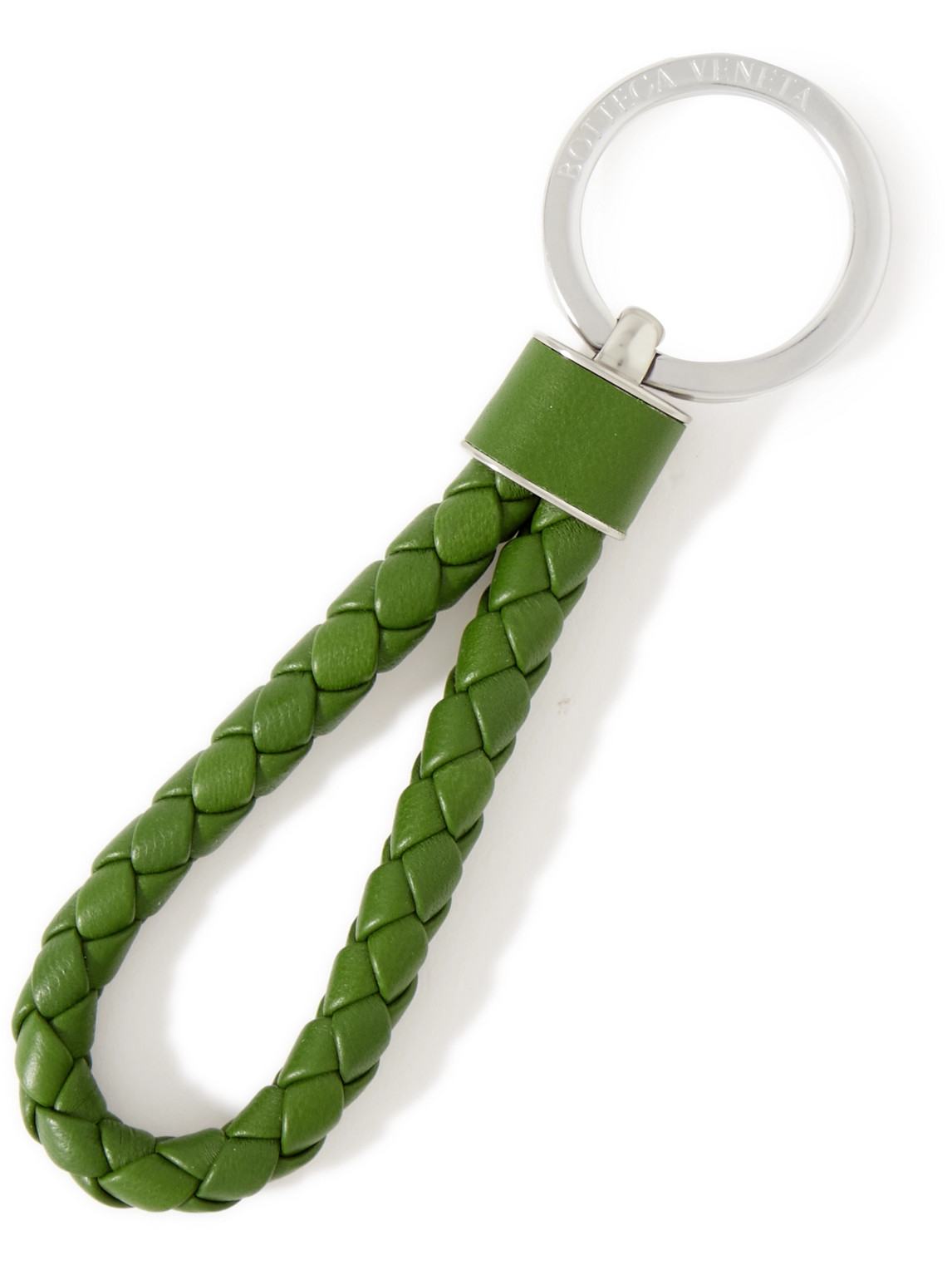 Bottega Veneta Silver-tone And Braided Leather Key Fob In Green