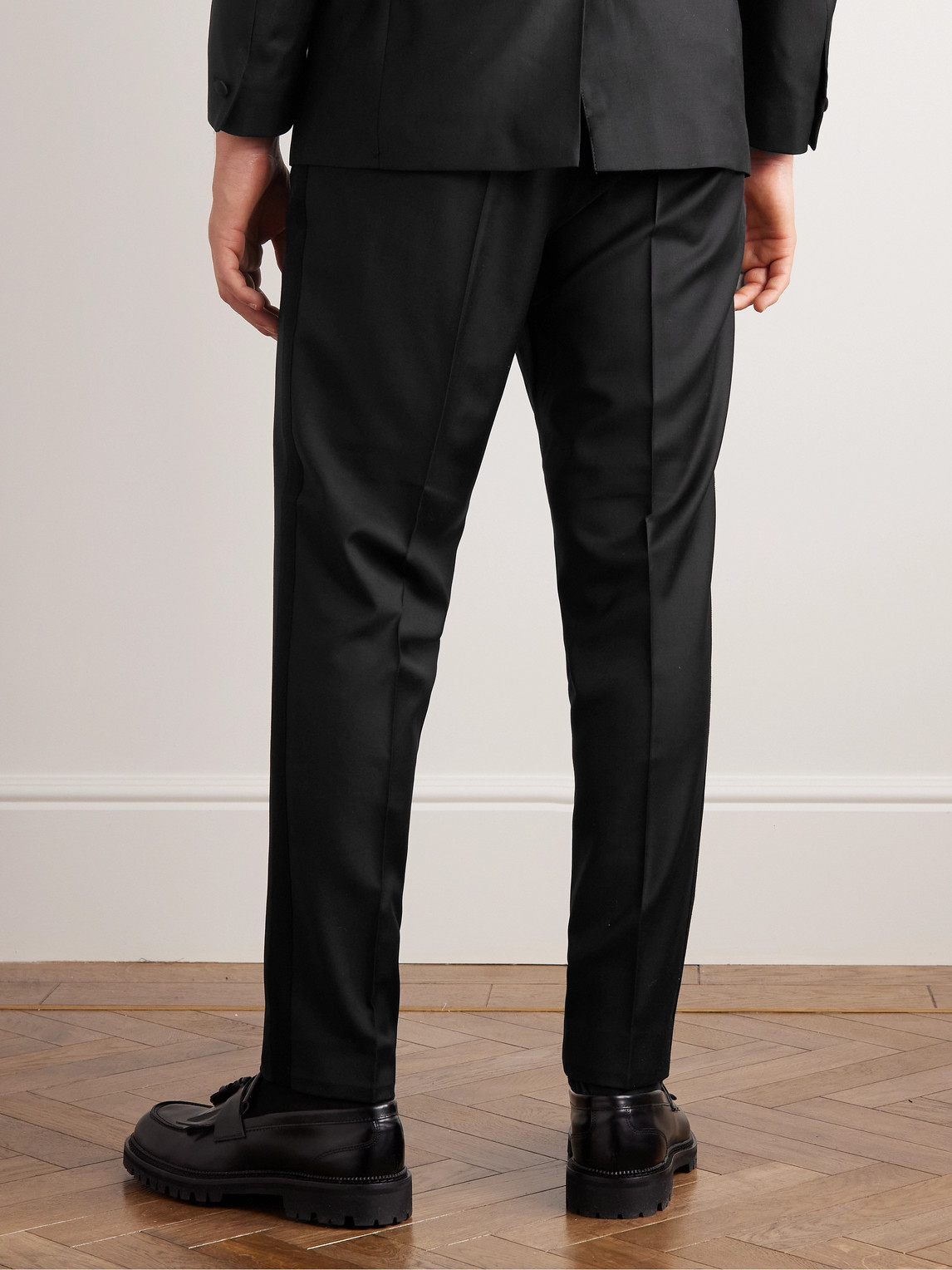 Mr P Straight-leg Virgin Wool Drawstring Tuxedo Trousers In Black