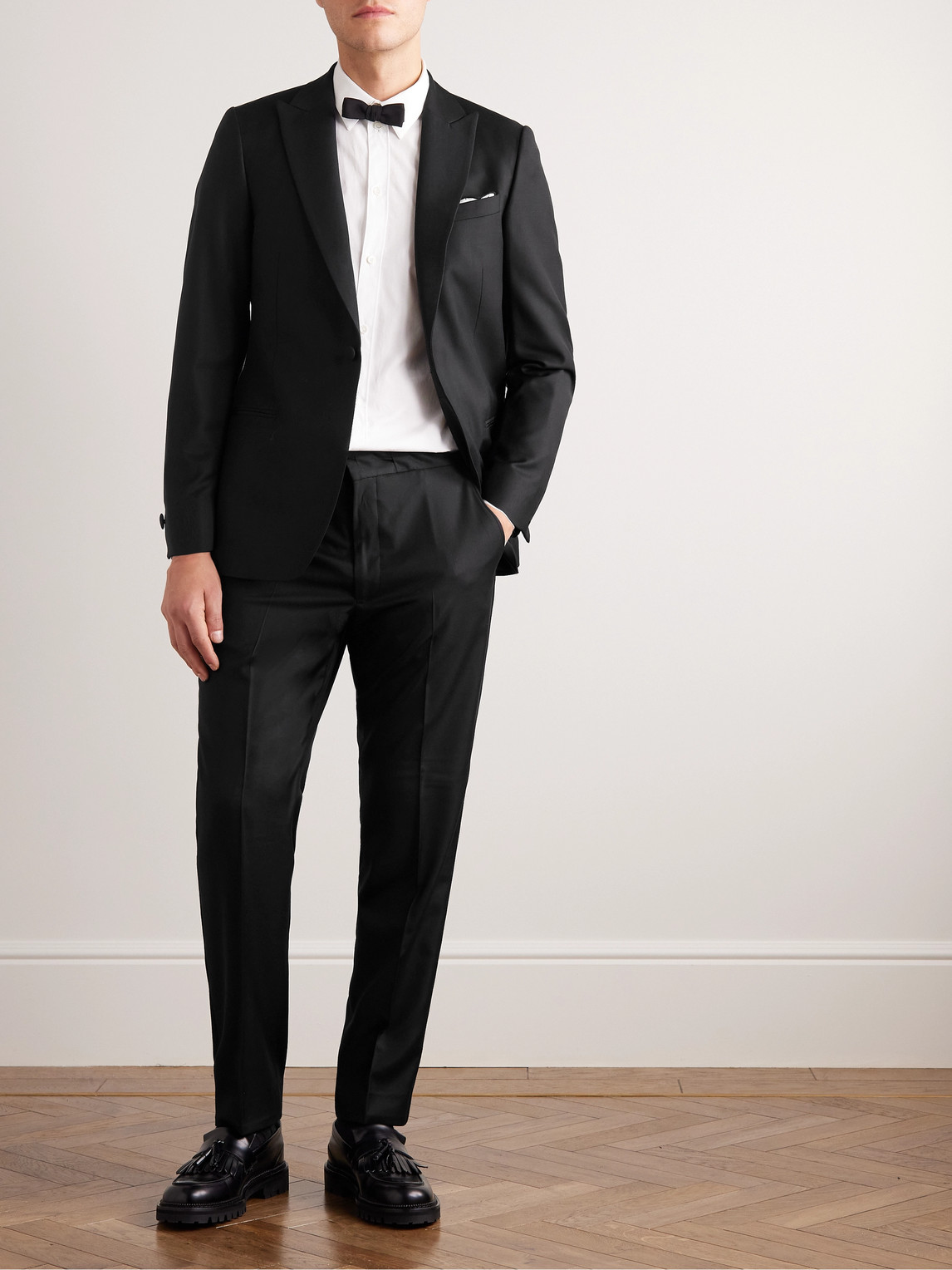 Mr P Straight-leg Virgin Wool Drawstring Tuxedo Trousers In Black