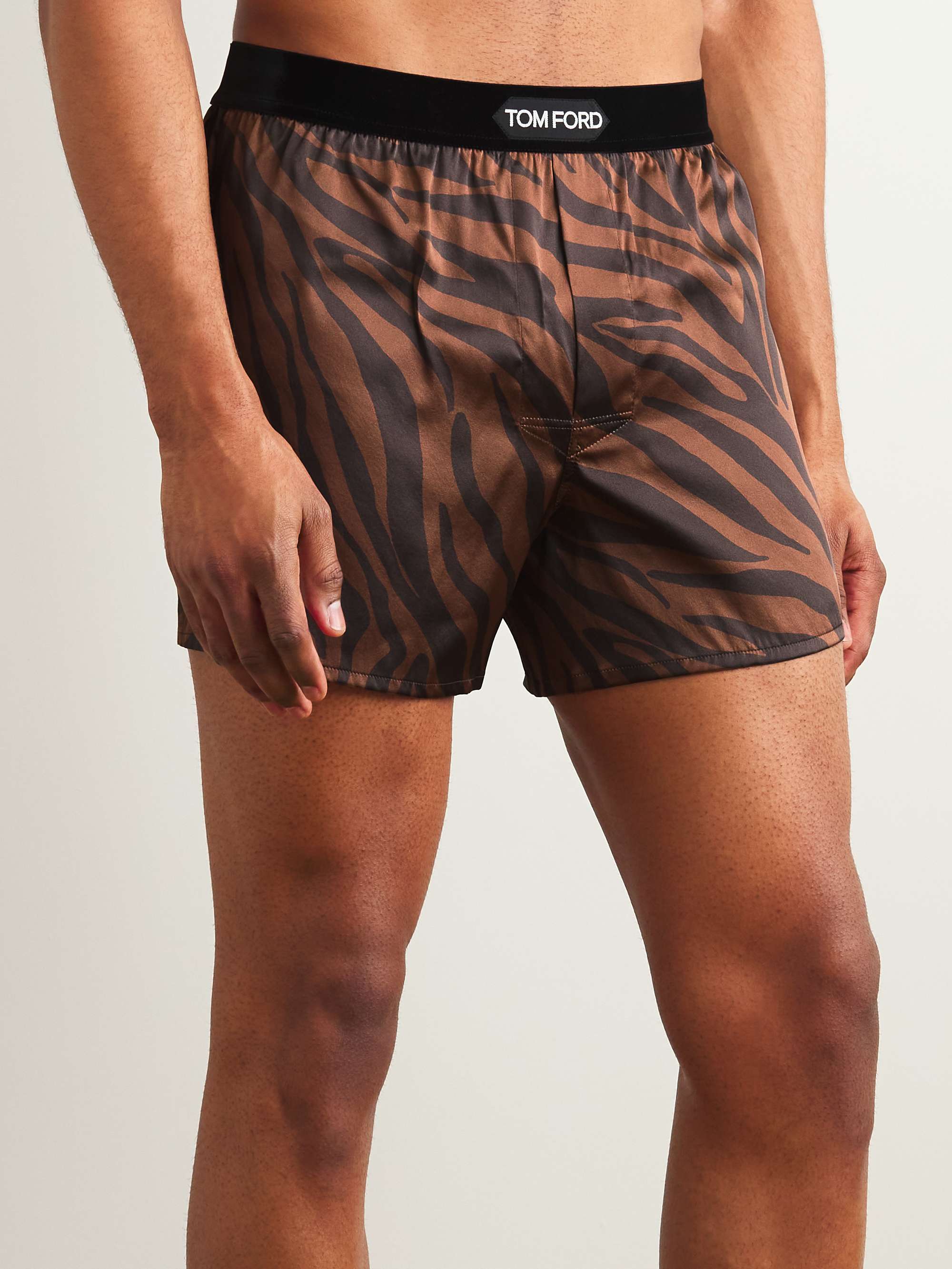 TOM FORD Zebra-Print Velvet-Trimmed Silk-Satin Boxer Shorts