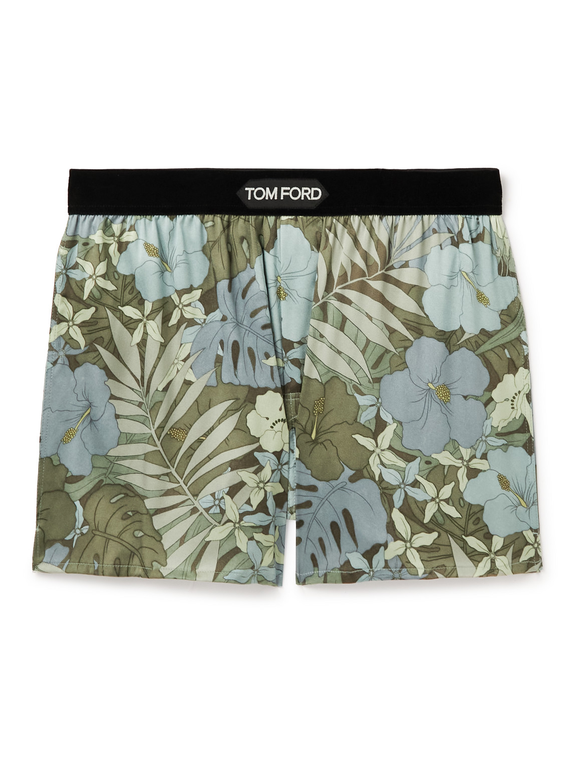 TOM FORD FLORAL-PRINT VELVET-TRIMMED STRETCH-SILK SATIN BOXER BRIEFS