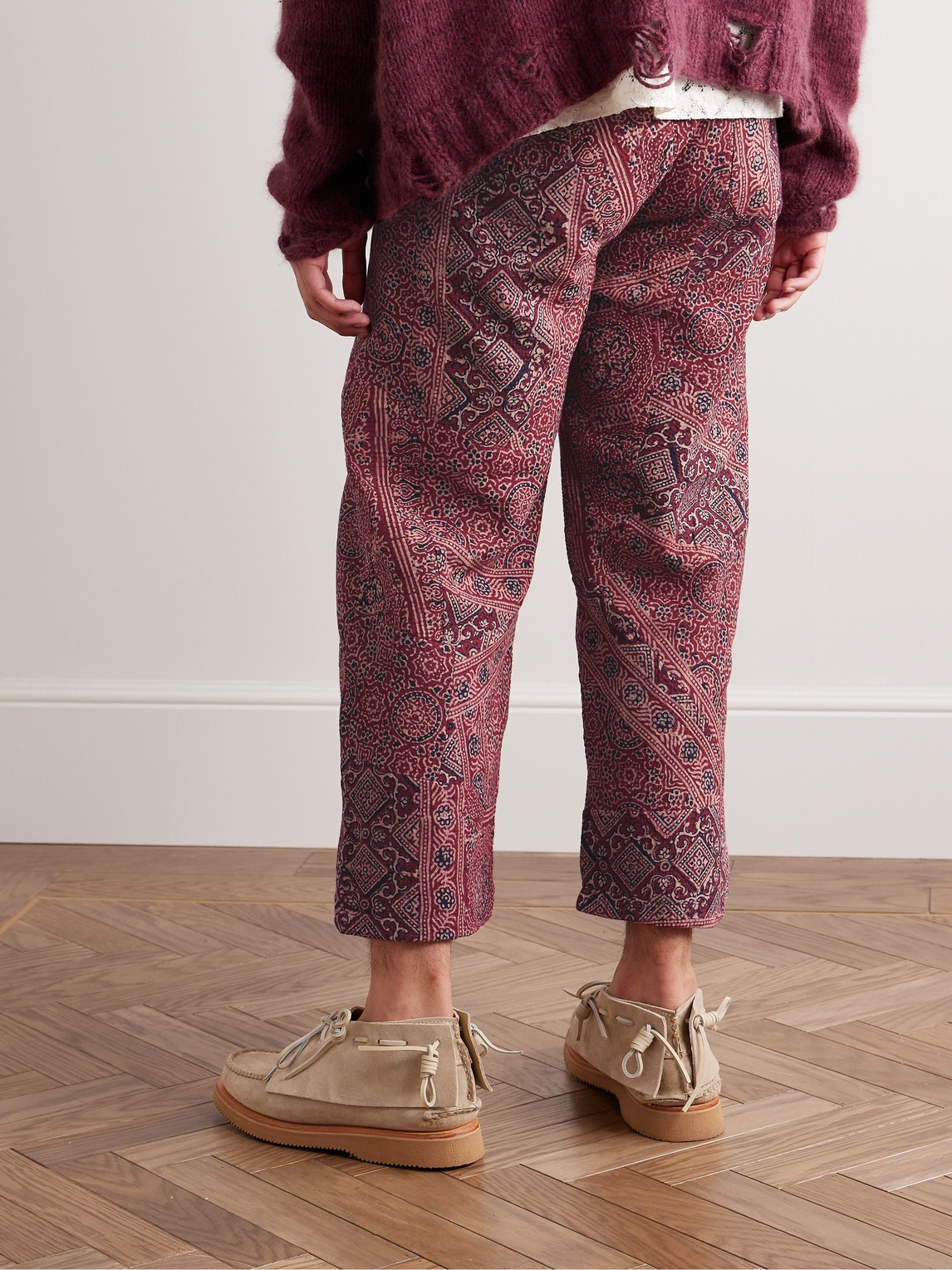  Kartik Research - Straight-leg Cropped Embroidered Printed Cotton Drawstring Trousers - Men - Purple - Uk/us 38 