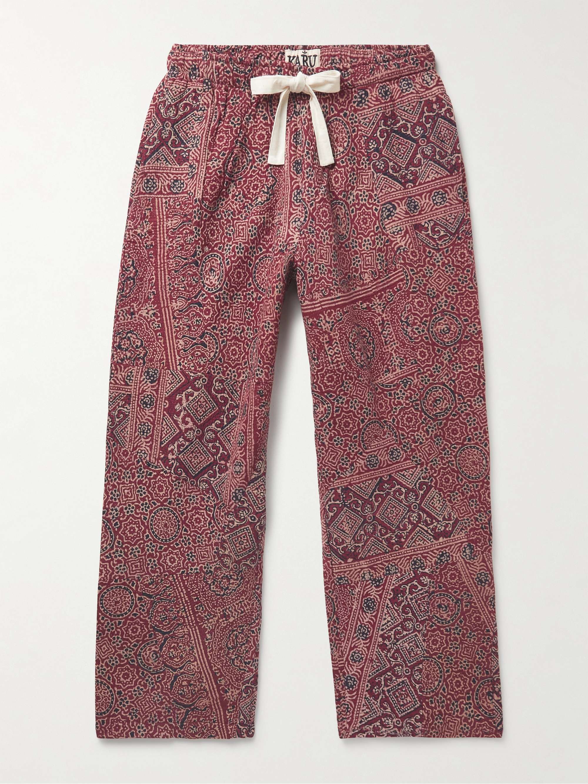 KARTIK RESEARCH Straight-Leg Cropped Embroidered Printed Cotton Drawstring Trousers