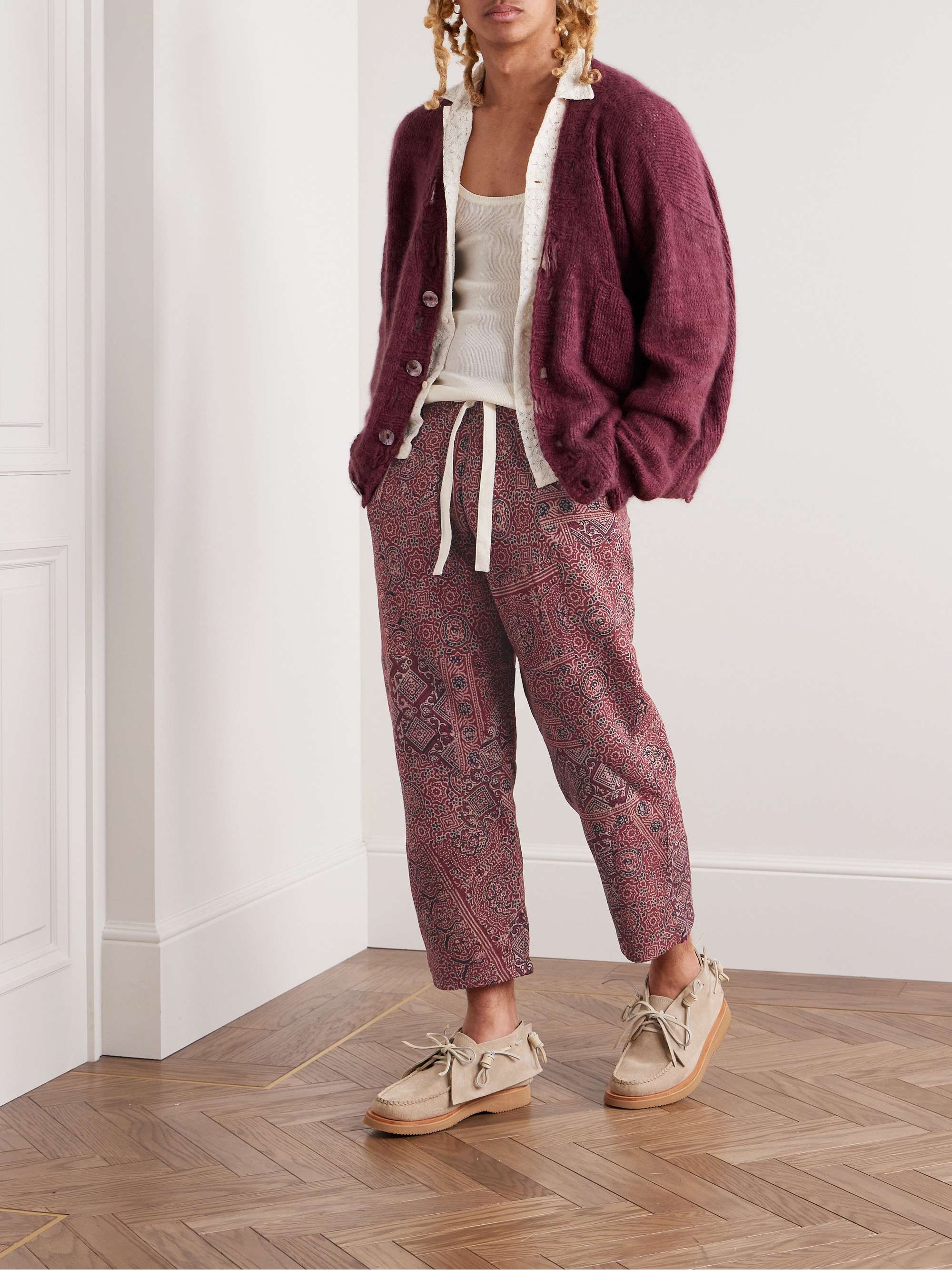 KARTIK RESEARCH Straight-Leg Cropped Embroidered Printed Cotton Drawstring Trousers