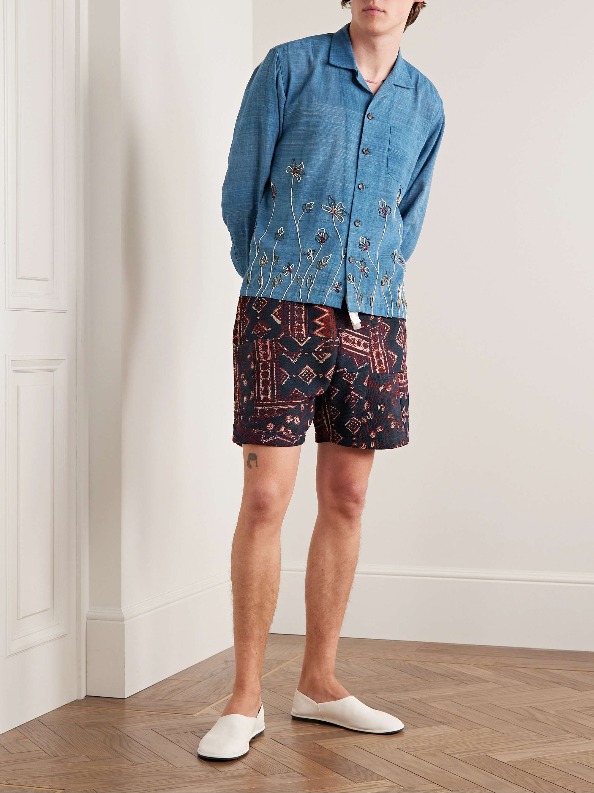 KARTIK RESEARCH Straight-Leg Qulted Printed Cotton Drawstring Shorts
