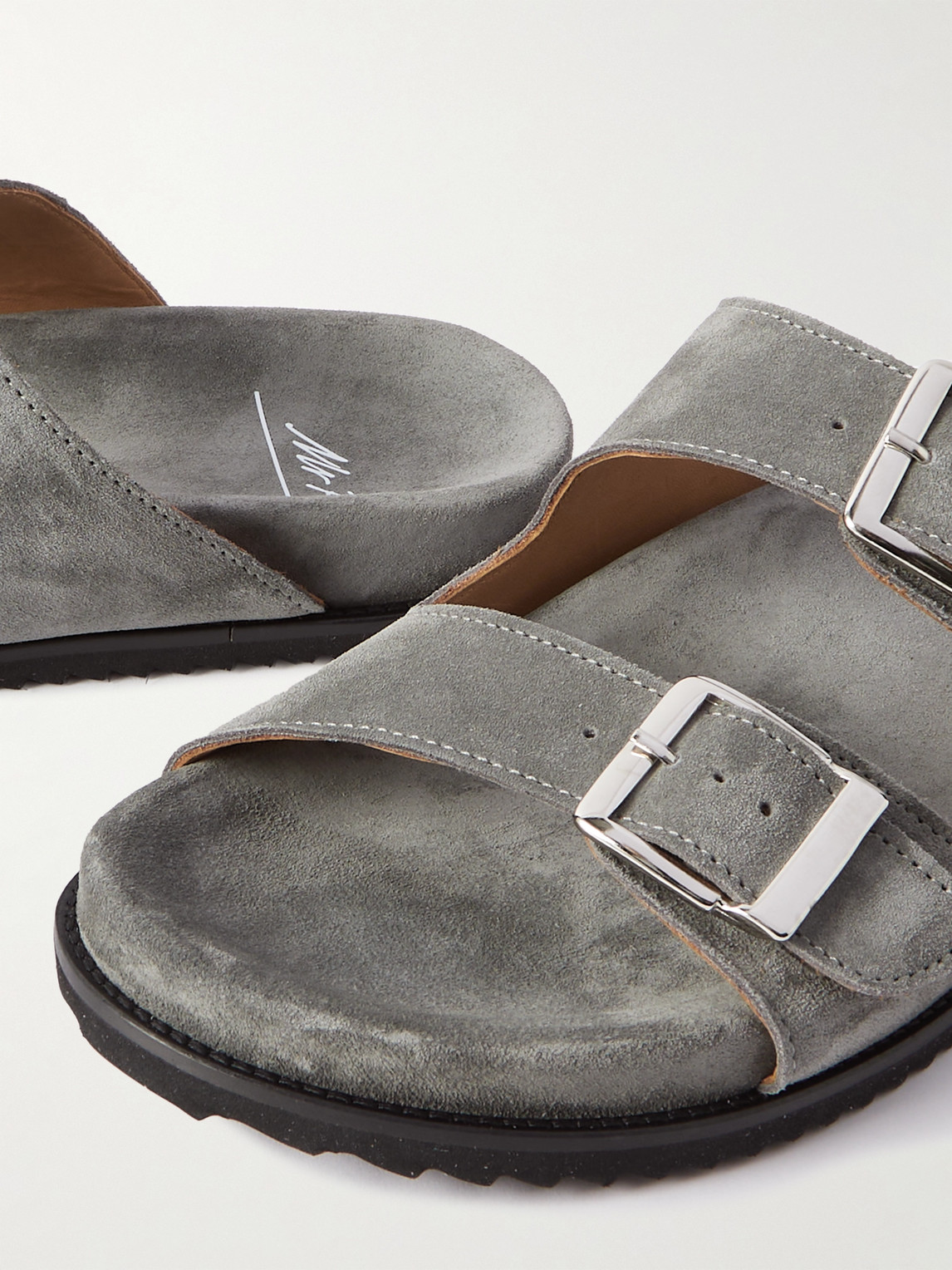 Shop Mr P David Buckled Regenerated Suede By Evolo® Sandals In Gray