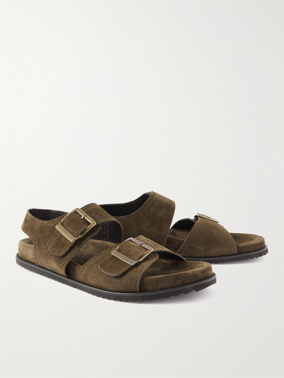 Shop Mr P David Buckled Regenerated Suede By Evolo® Sandals In Brown