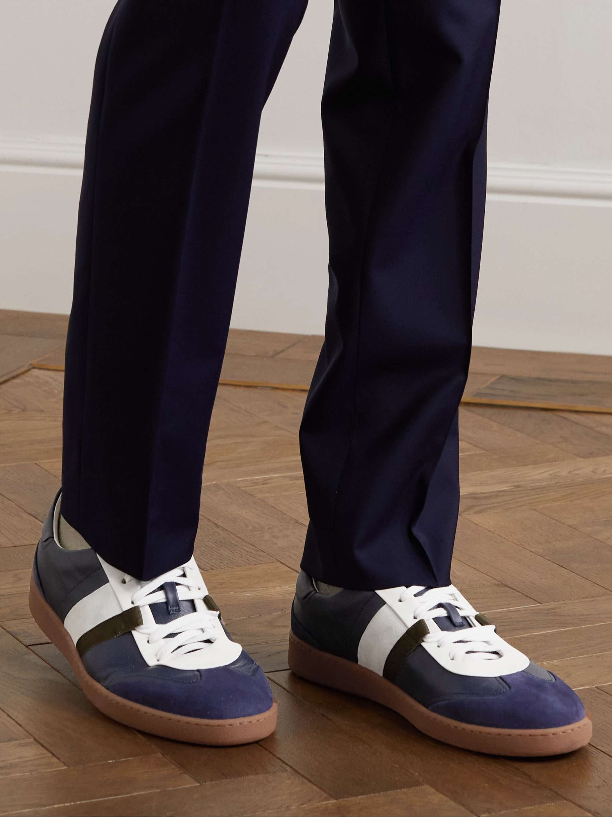 FERRAGAMO Garda Webbing-Trimmed Suede and Leather Sneakers