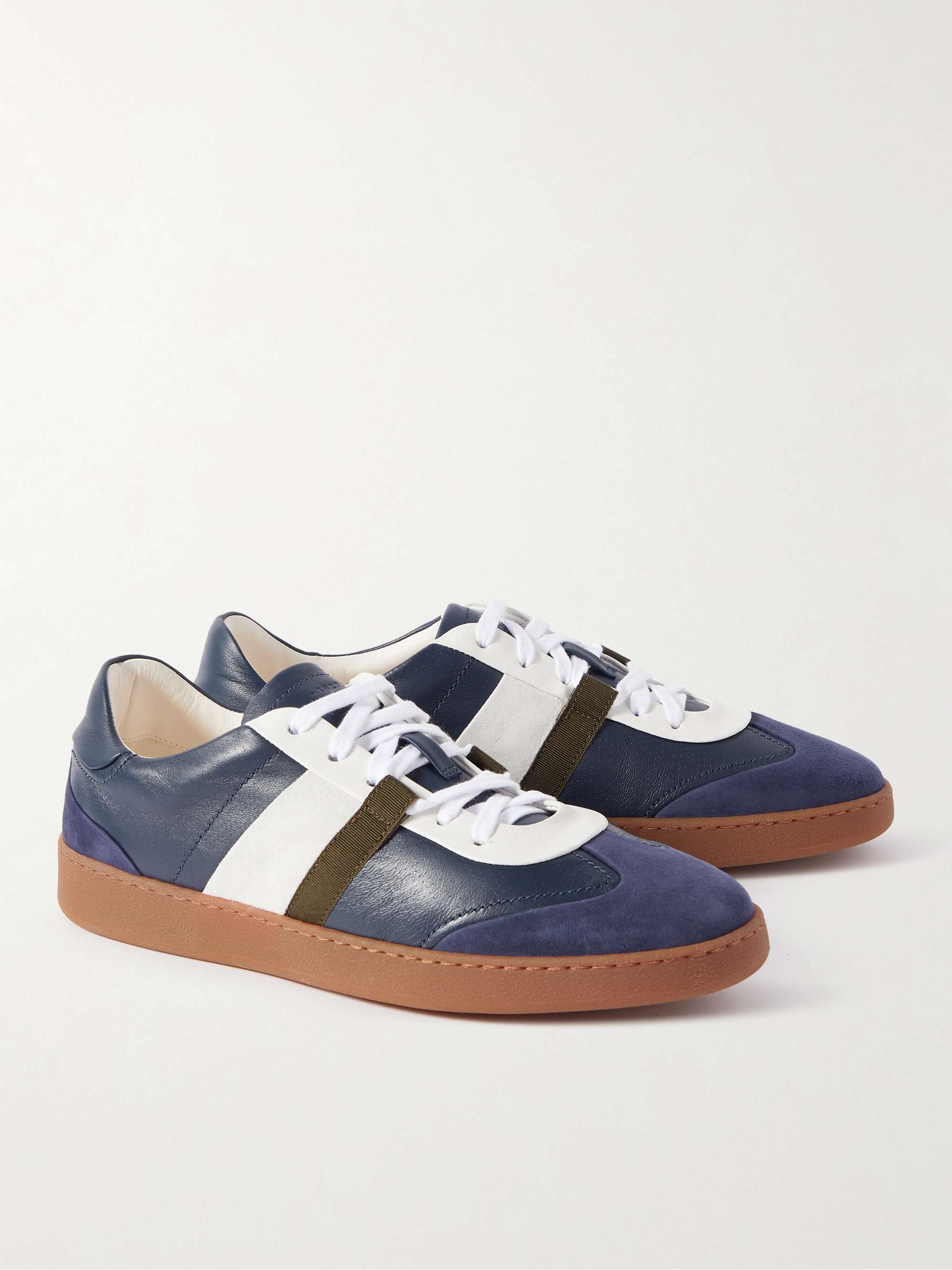 FERRAGAMO Garda Webbing-Trimmed Suede and Leather Sneakers