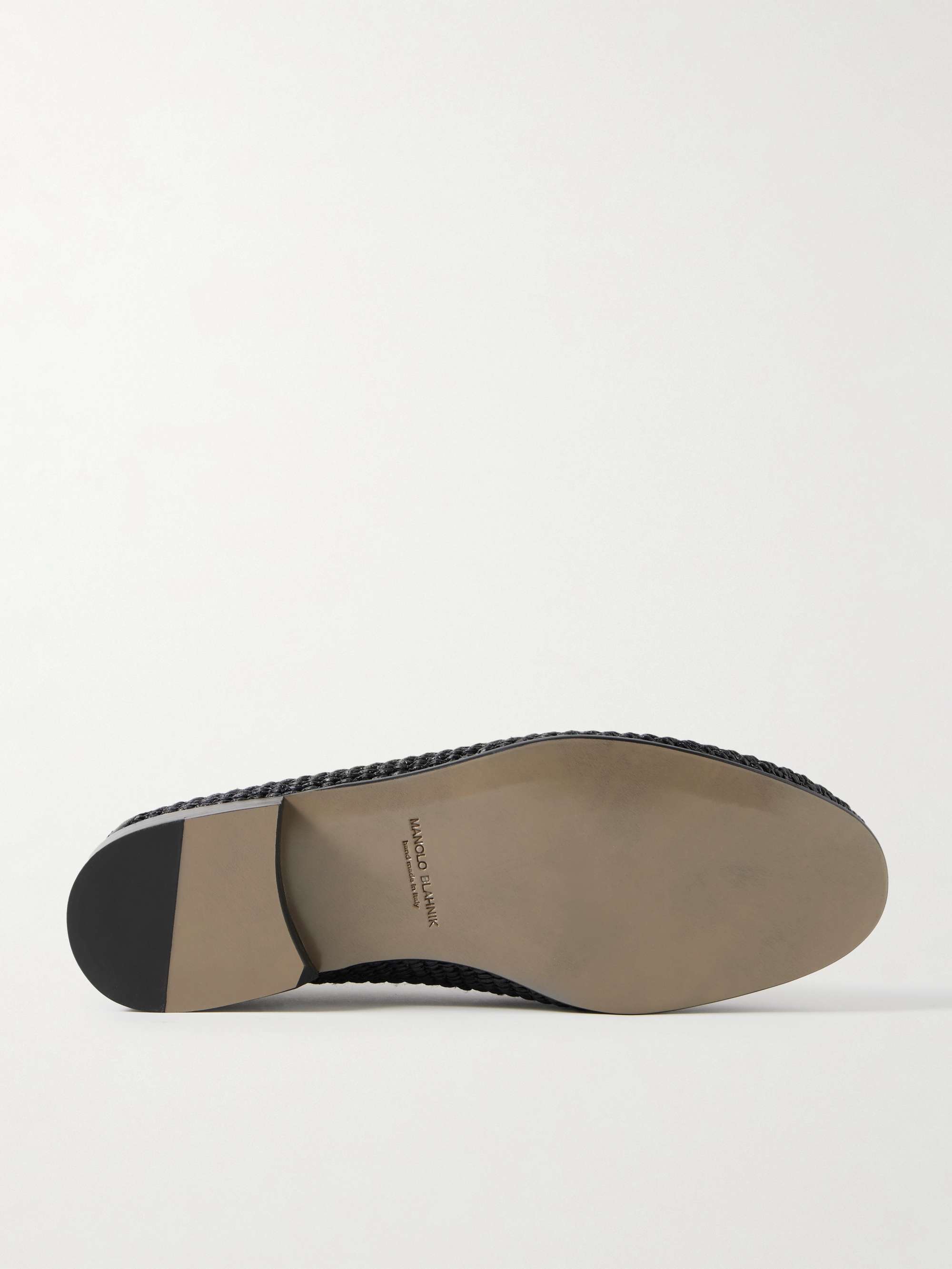 MANOLO BLAHNIK Padstow Collapsible-Heel Leather-Trimmed Raffia Loafers