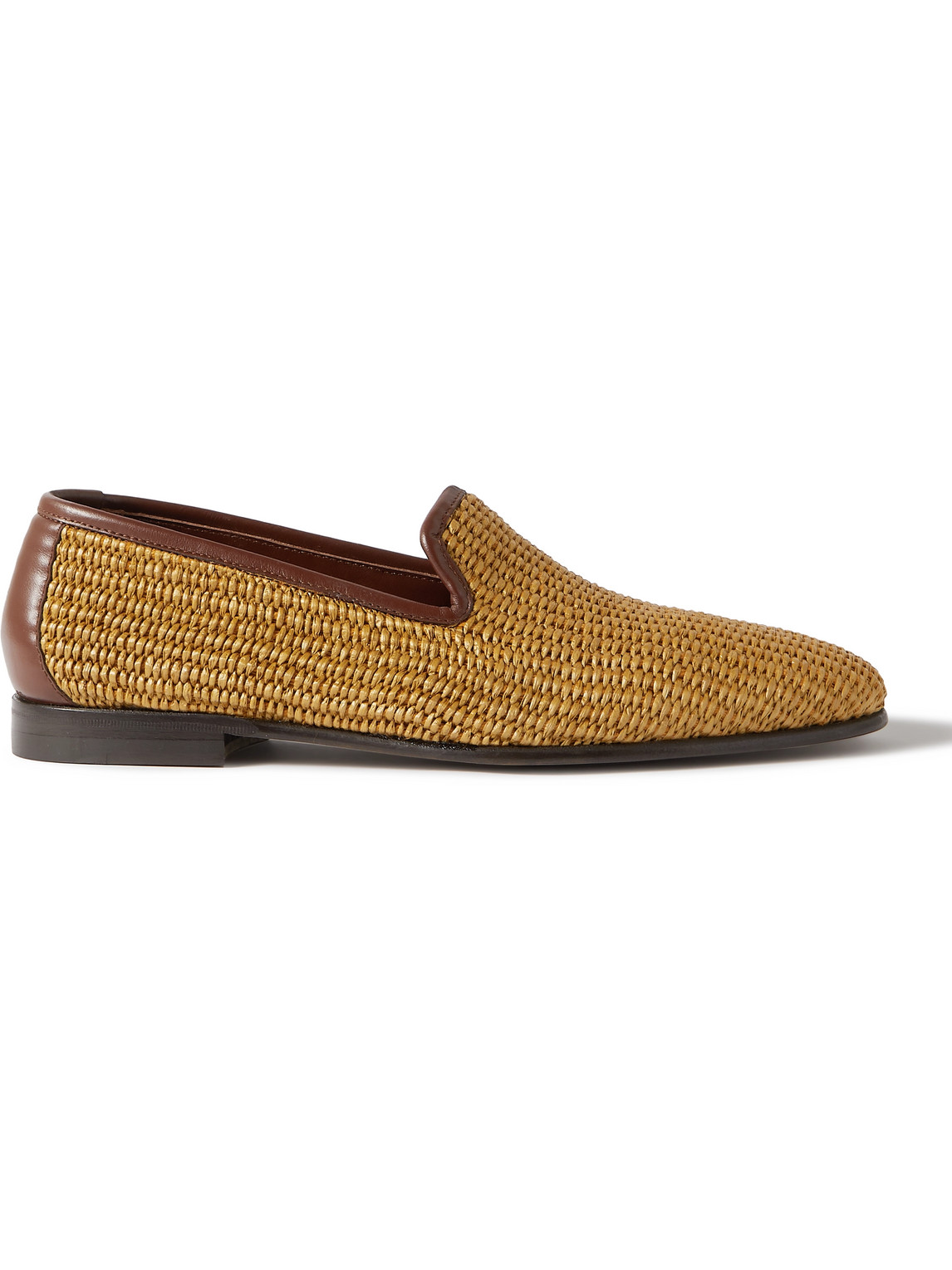 MANOLO BLAHNIK MARIO LEATHER-TRIMMED RAFFIA LOAFERS