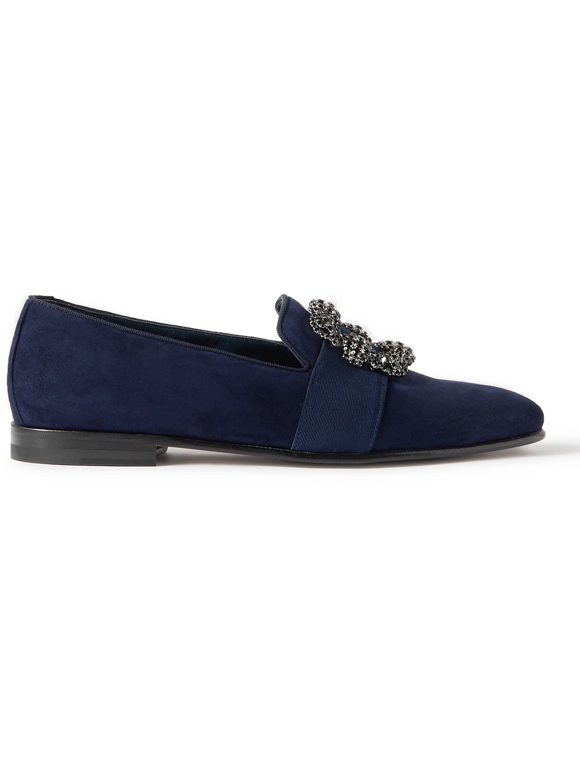 Manolo Blahnik Carlton Crystal-embellished Grosgrain-trimmed Suede Loafers In Blue