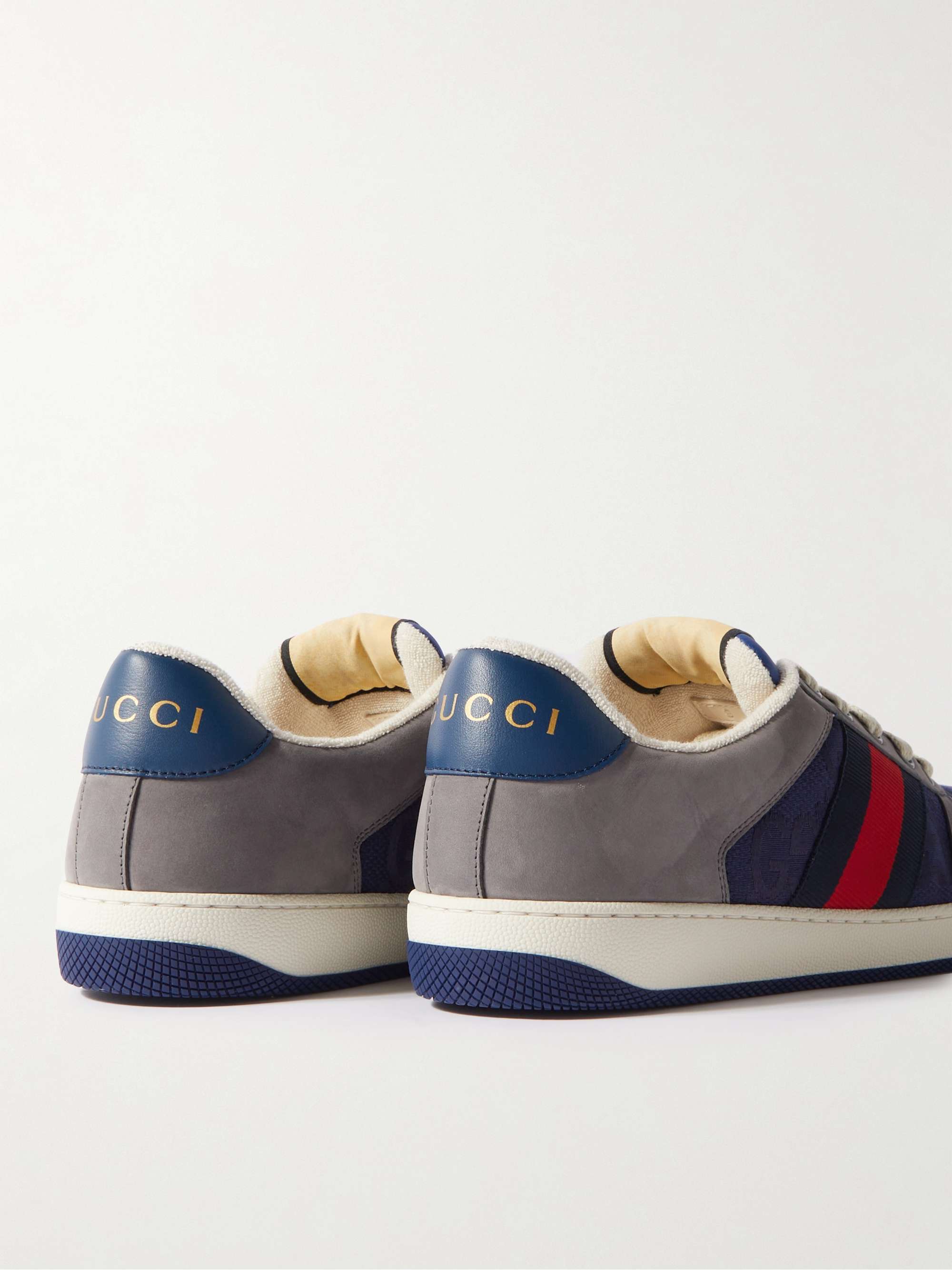 GUCCI Screener Monogrammed Canvas and Webbing-Trimmed Suede and Leather Sneakers