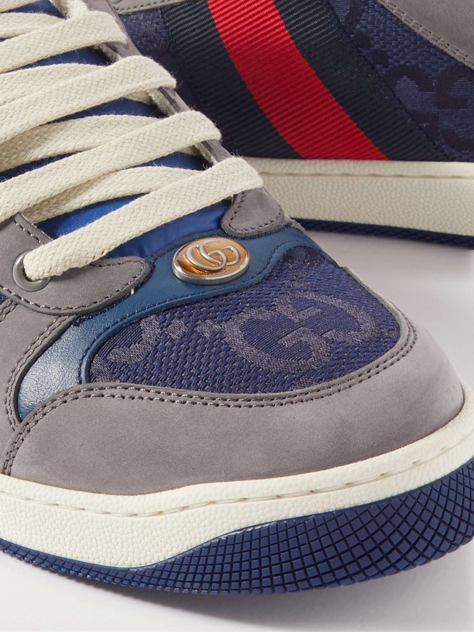 GUCCI Screener Monogrammed Canvas and Webbing-Trimmed Suede and Leather Sneakers