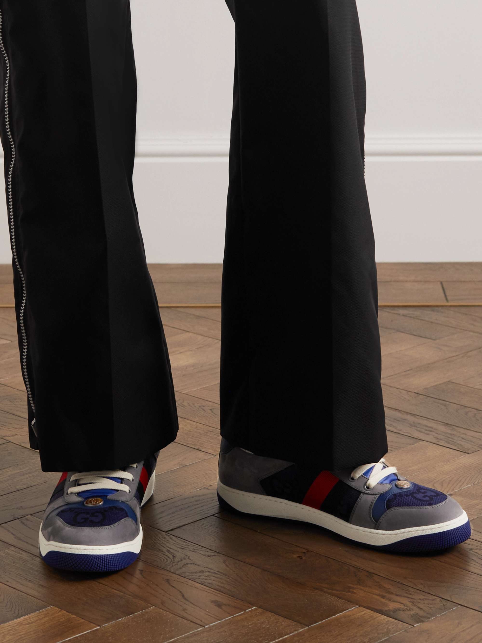 GUCCI Screener Monogrammed Canvas and Webbing-Trimmed Suede and Leather Sneakers