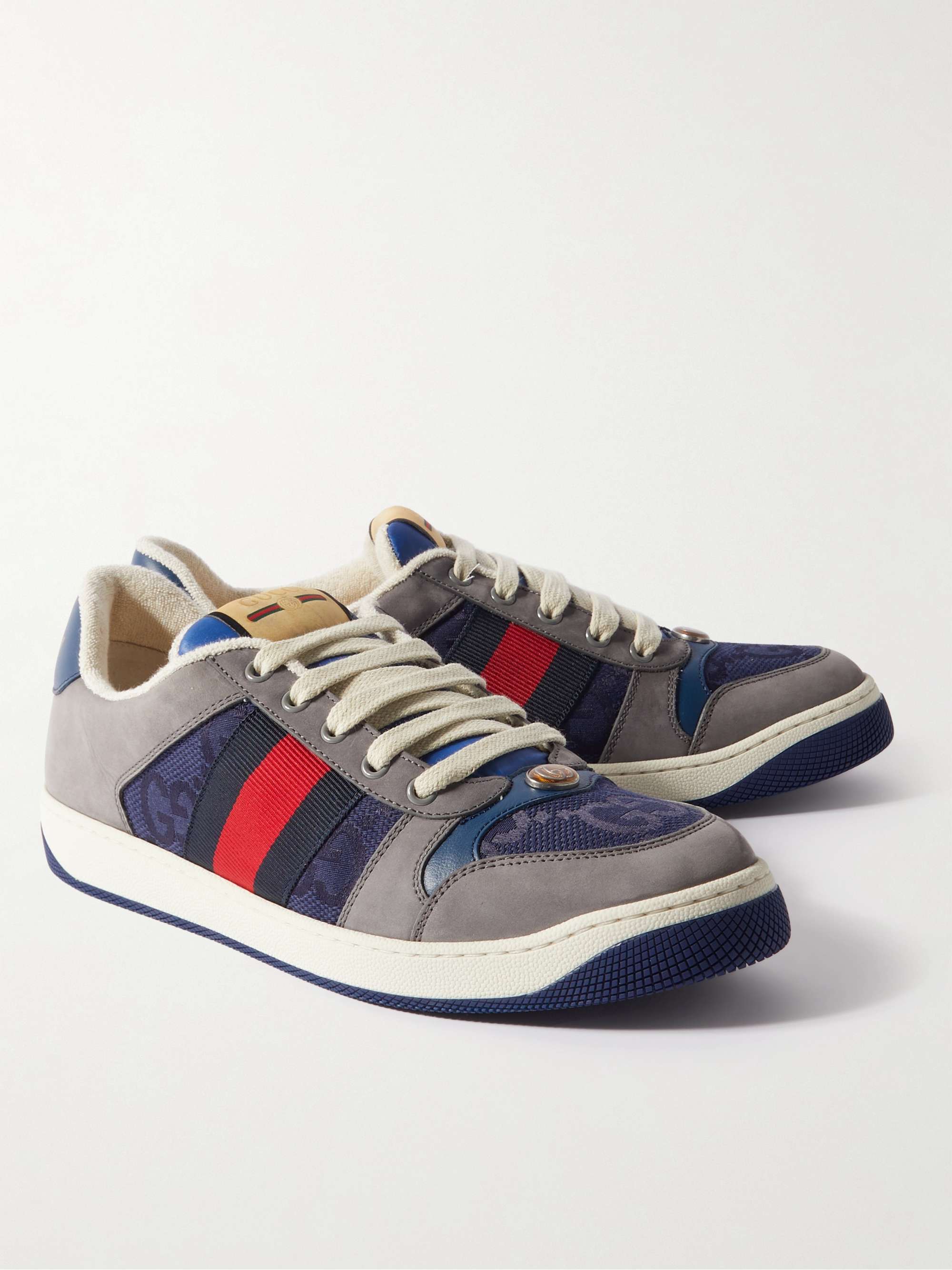 GUCCI Screener Monogrammed Canvas and Webbing-Trimmed Suede and Leather Sneakers