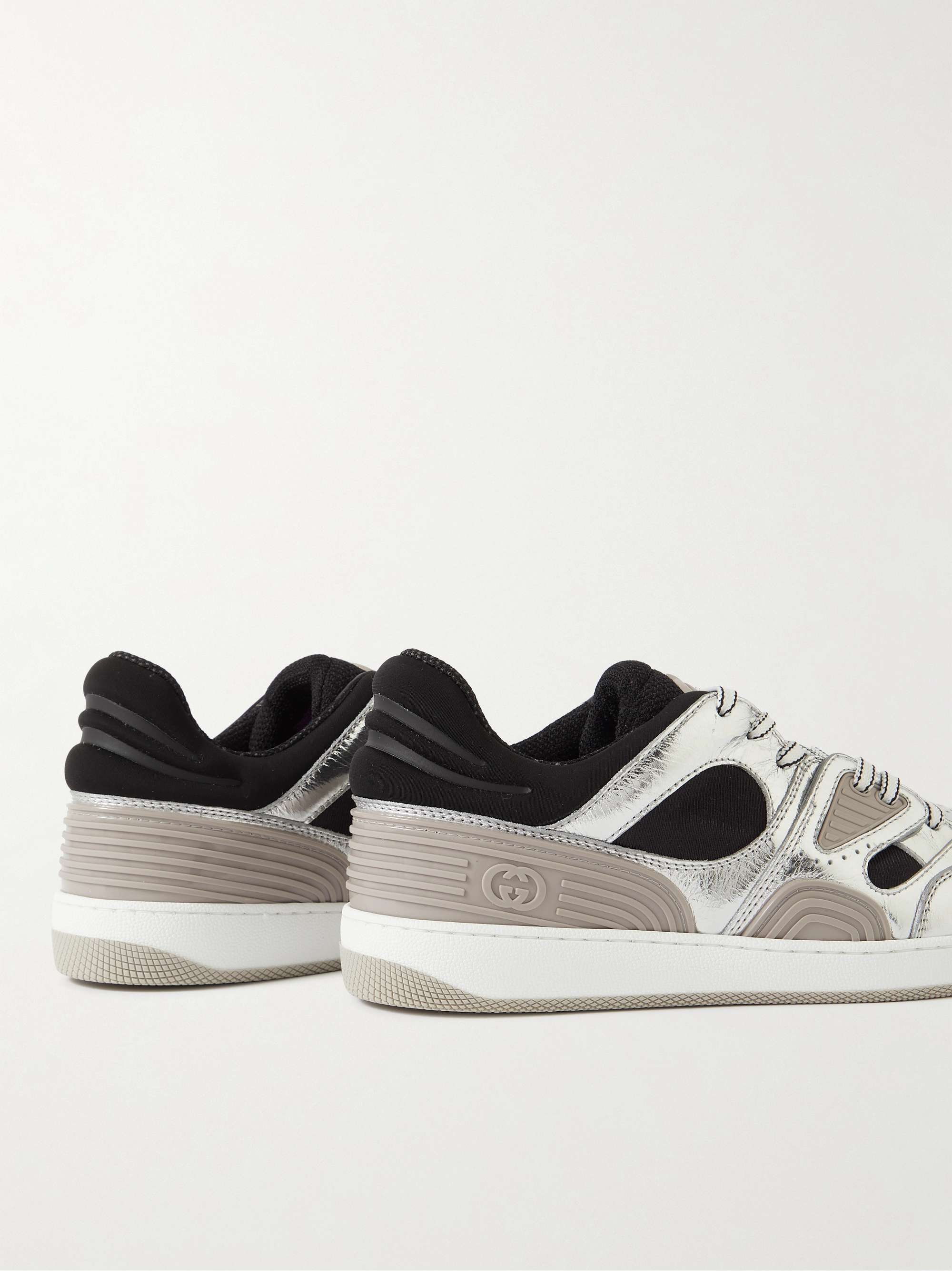 GUCCI Basket Distressed Metallic Leather, Jersey, Mesh and Rubber Sneakers
