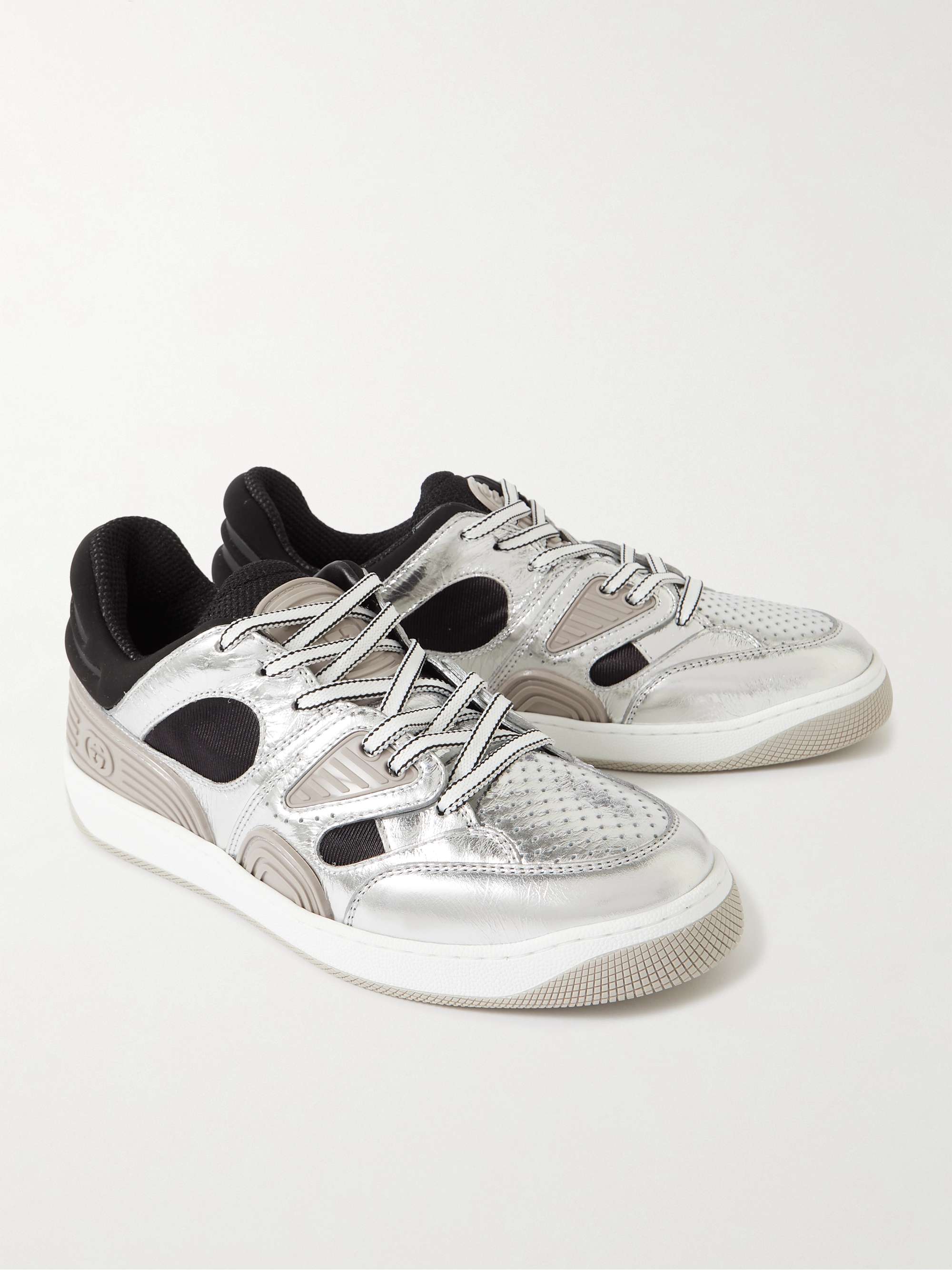 GUCCI Basket Distressed Metallic Leather, Jersey, Mesh and Rubber Sneakers