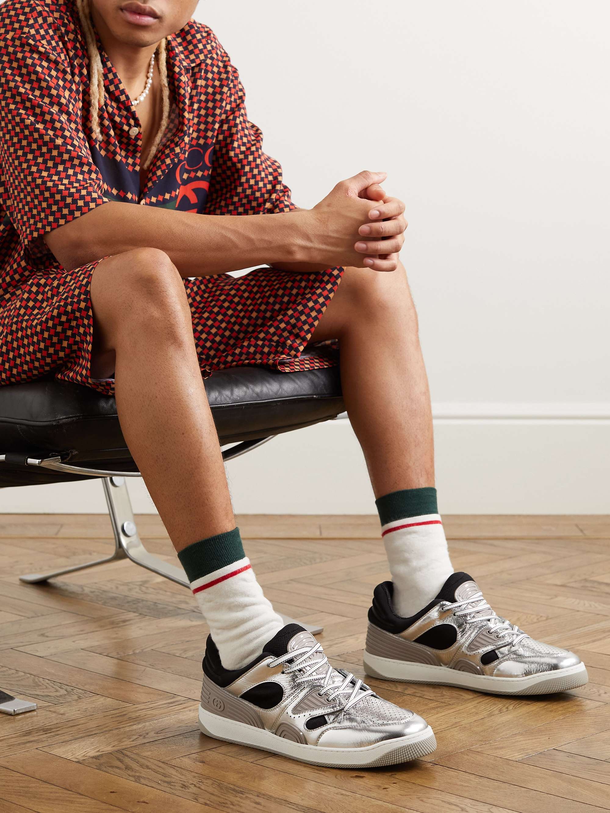 GUCCI Basket Distressed Metallic Leather, Jersey, Mesh and Rubber Sneakers