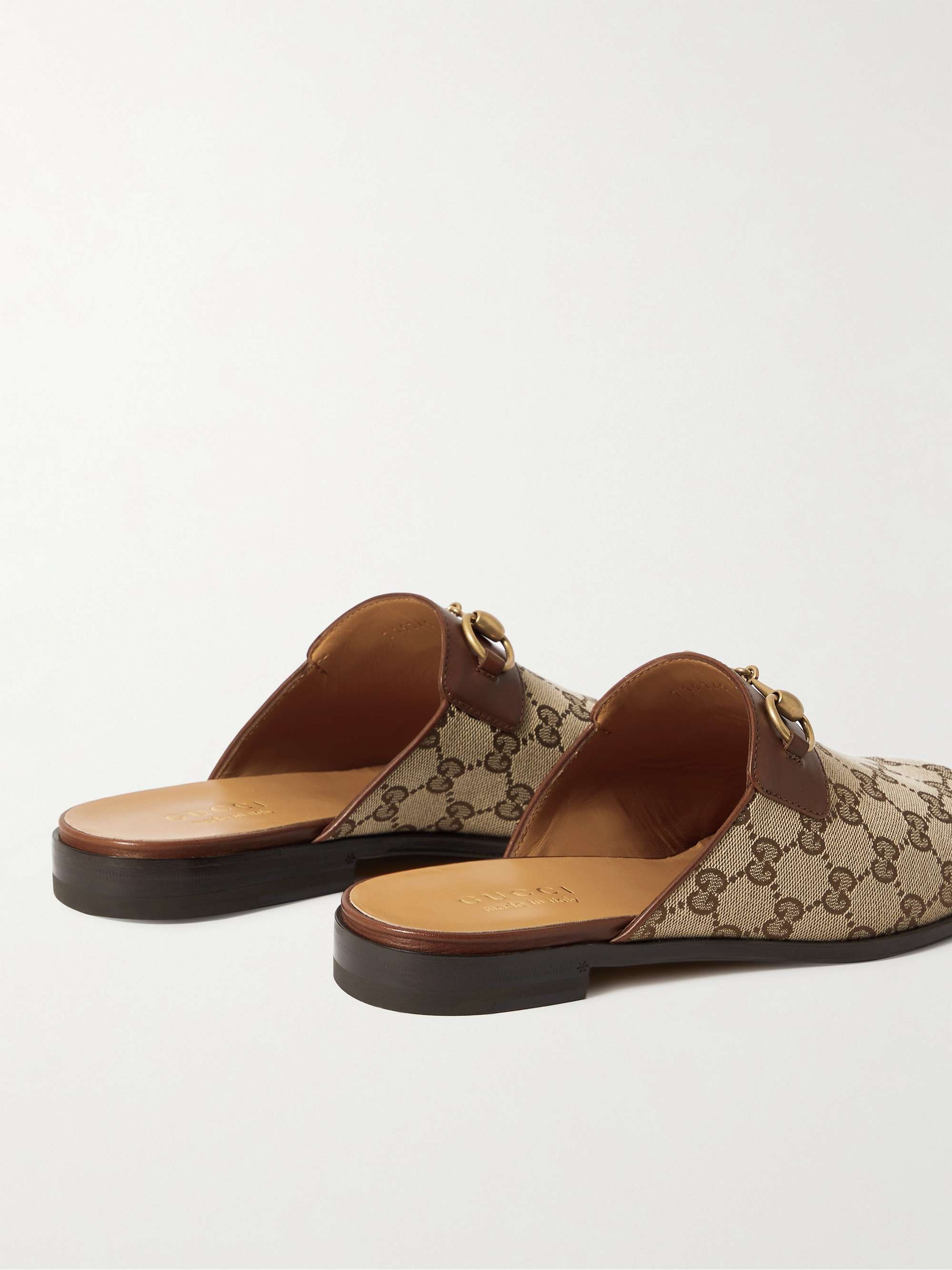 GUCCI Leather-Trimmed Monogrammed Coated-Canvas Backless Loafers