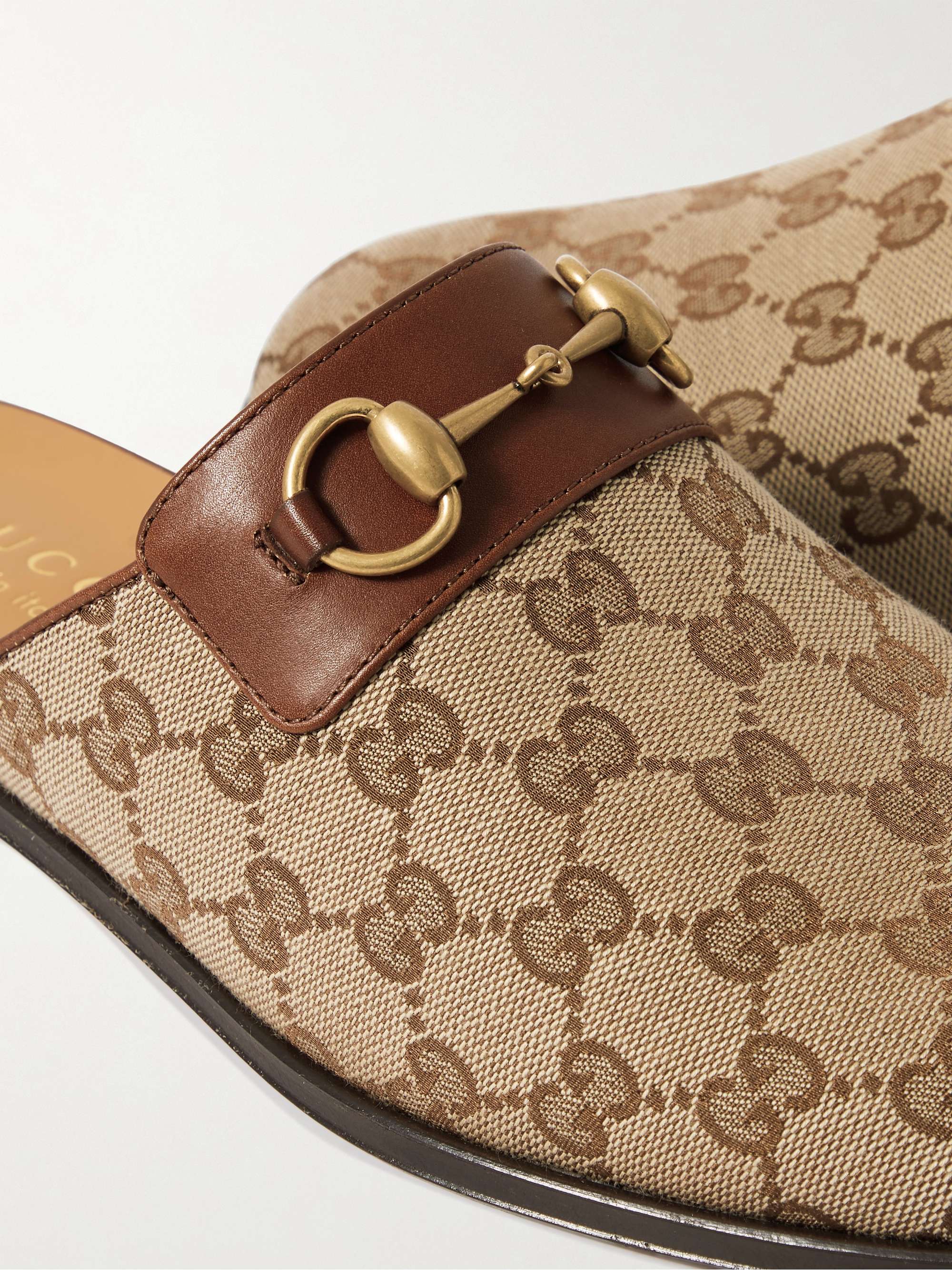 GUCCI Leather-Trimmed Monogrammed Coated-Canvas Backless Loafers