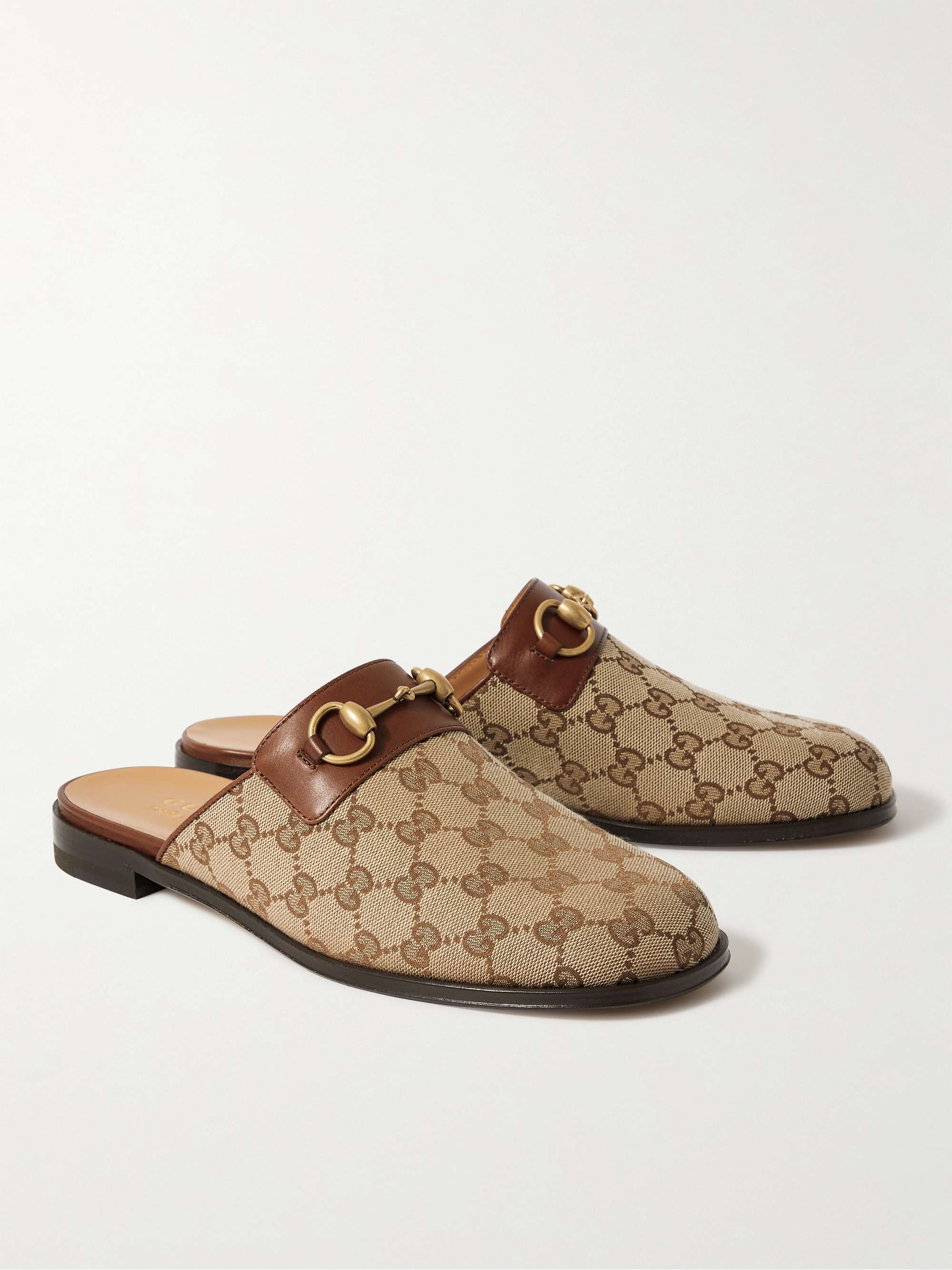 GUCCI Leather-Trimmed Monogrammed Coated-Canvas Backless Loafers