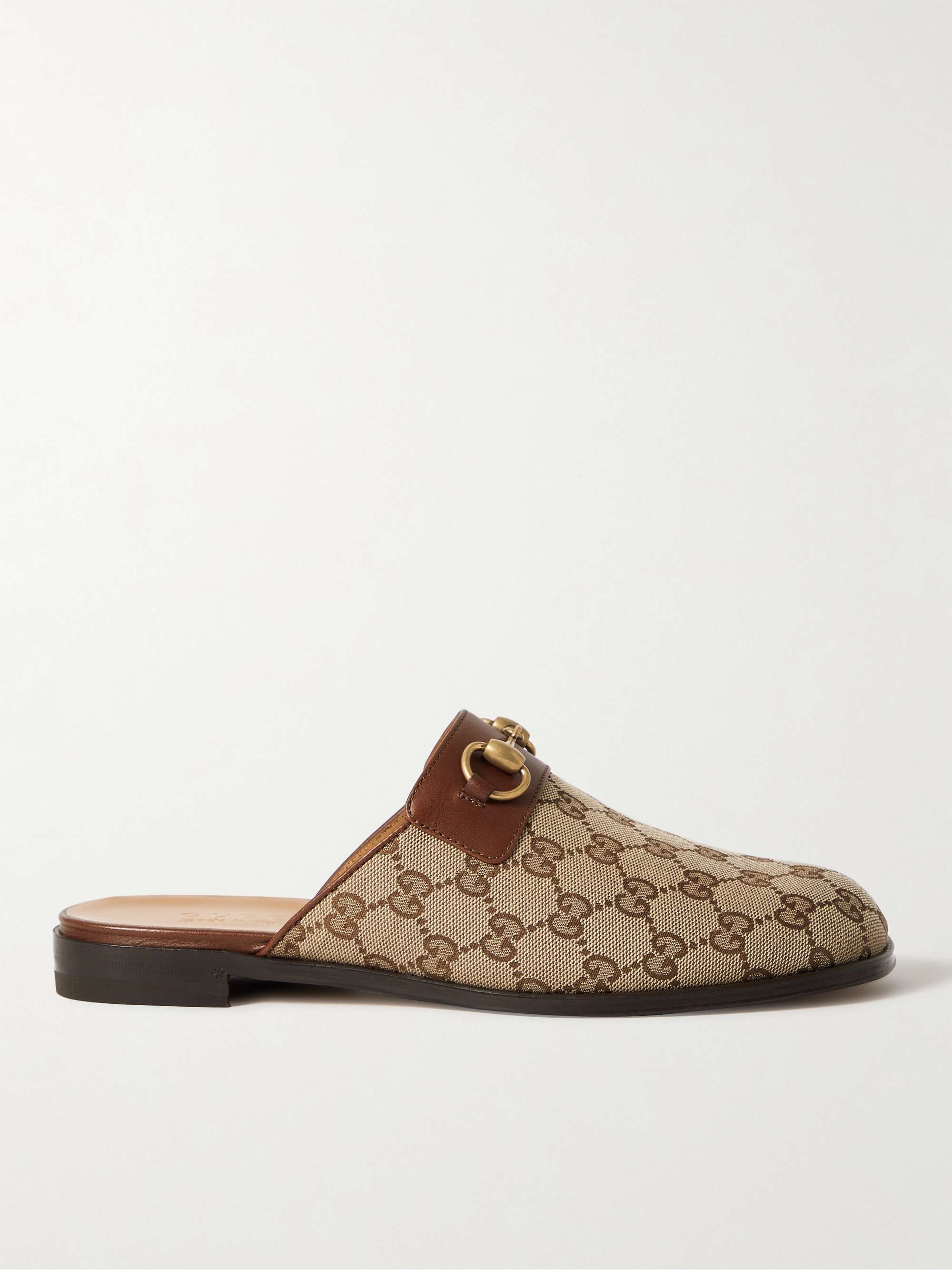 GUCCI Leather-Trimmed Monogrammed Coated-Canvas Backless Loafers