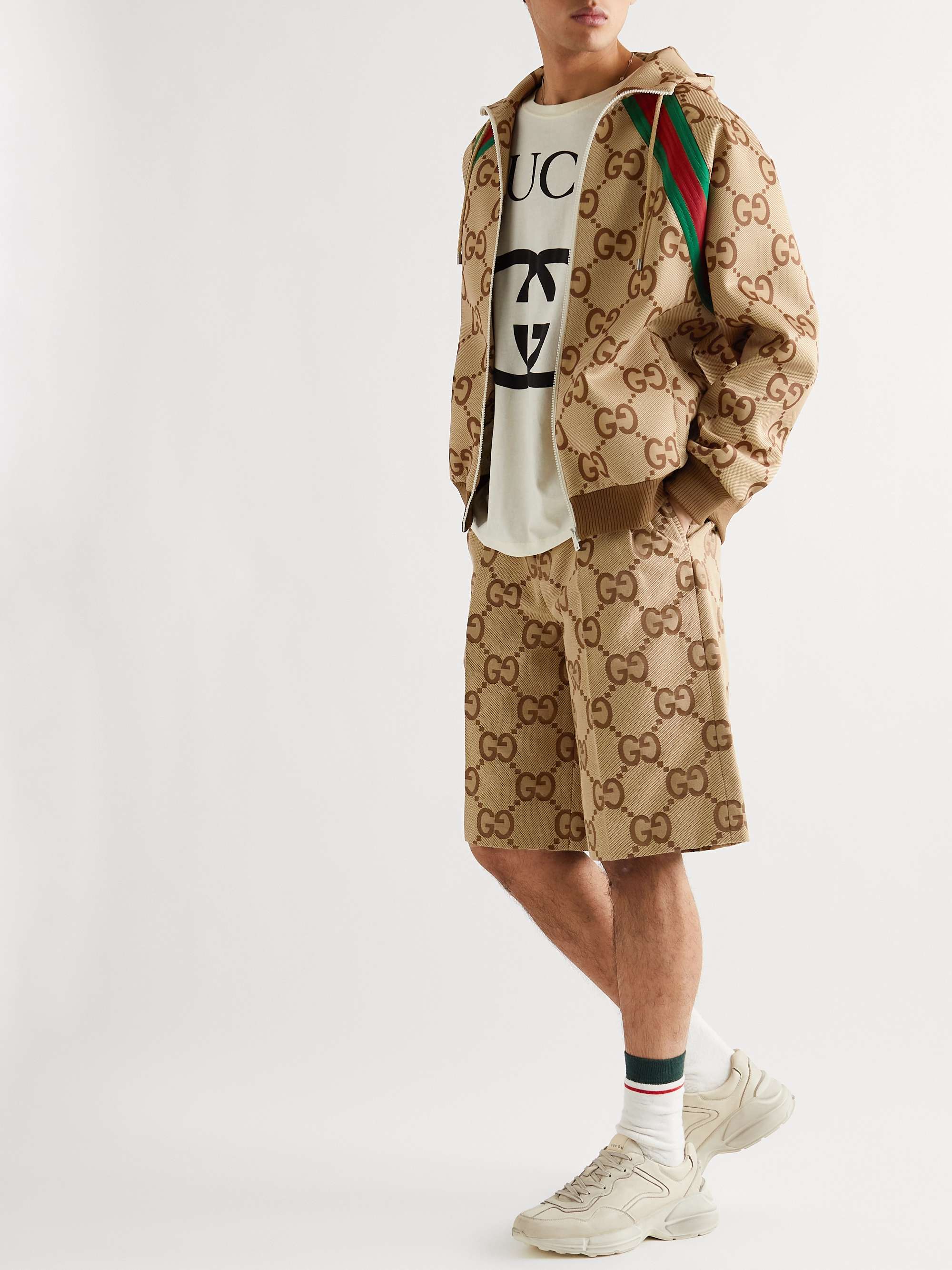 Gucci - Men - Webbing-Trimmed logo-print Stretch-jersey Hooded Jacket Neutrals - M