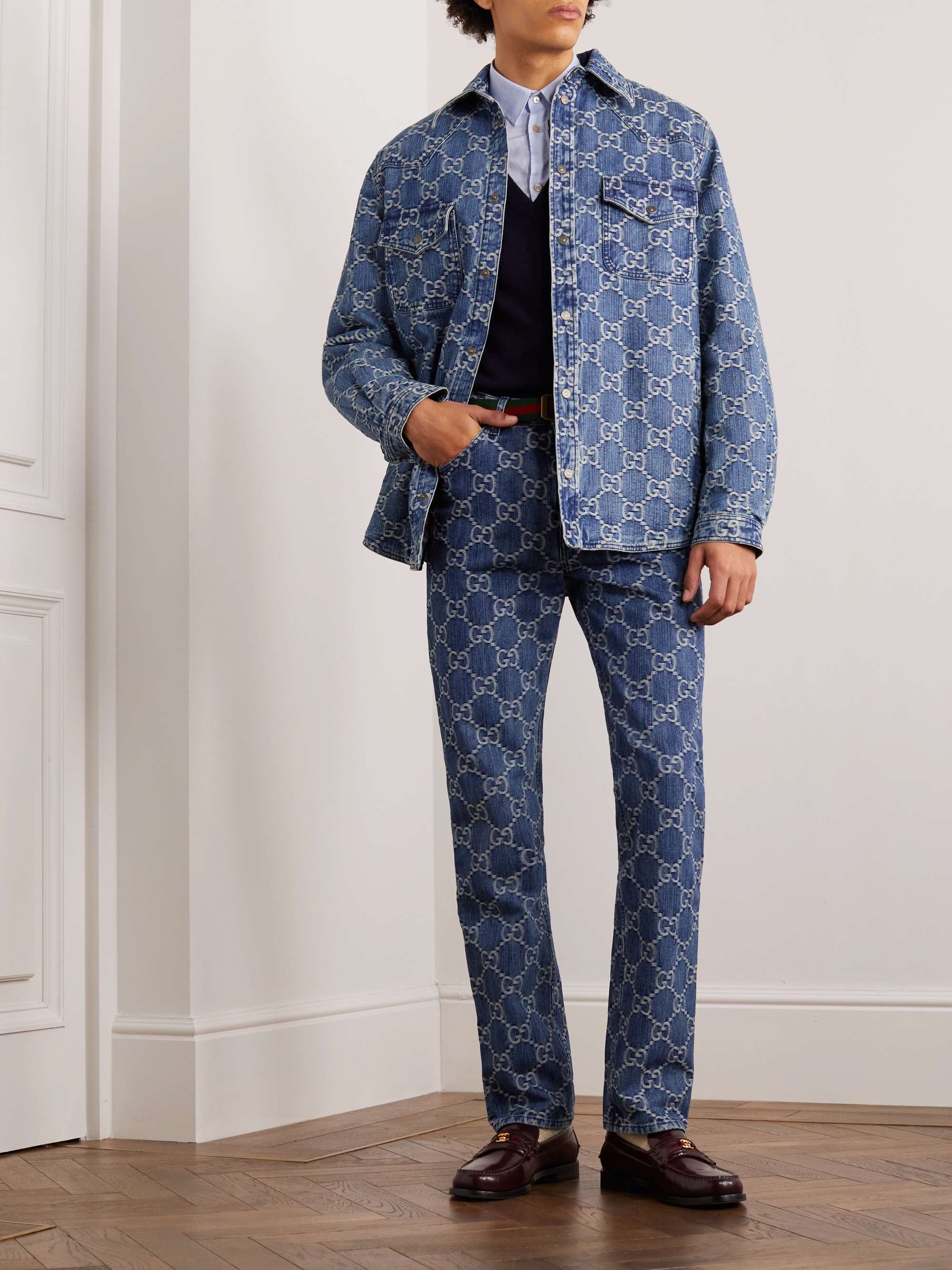 Gucci Gg Jacquard Denim Shirt In Blue