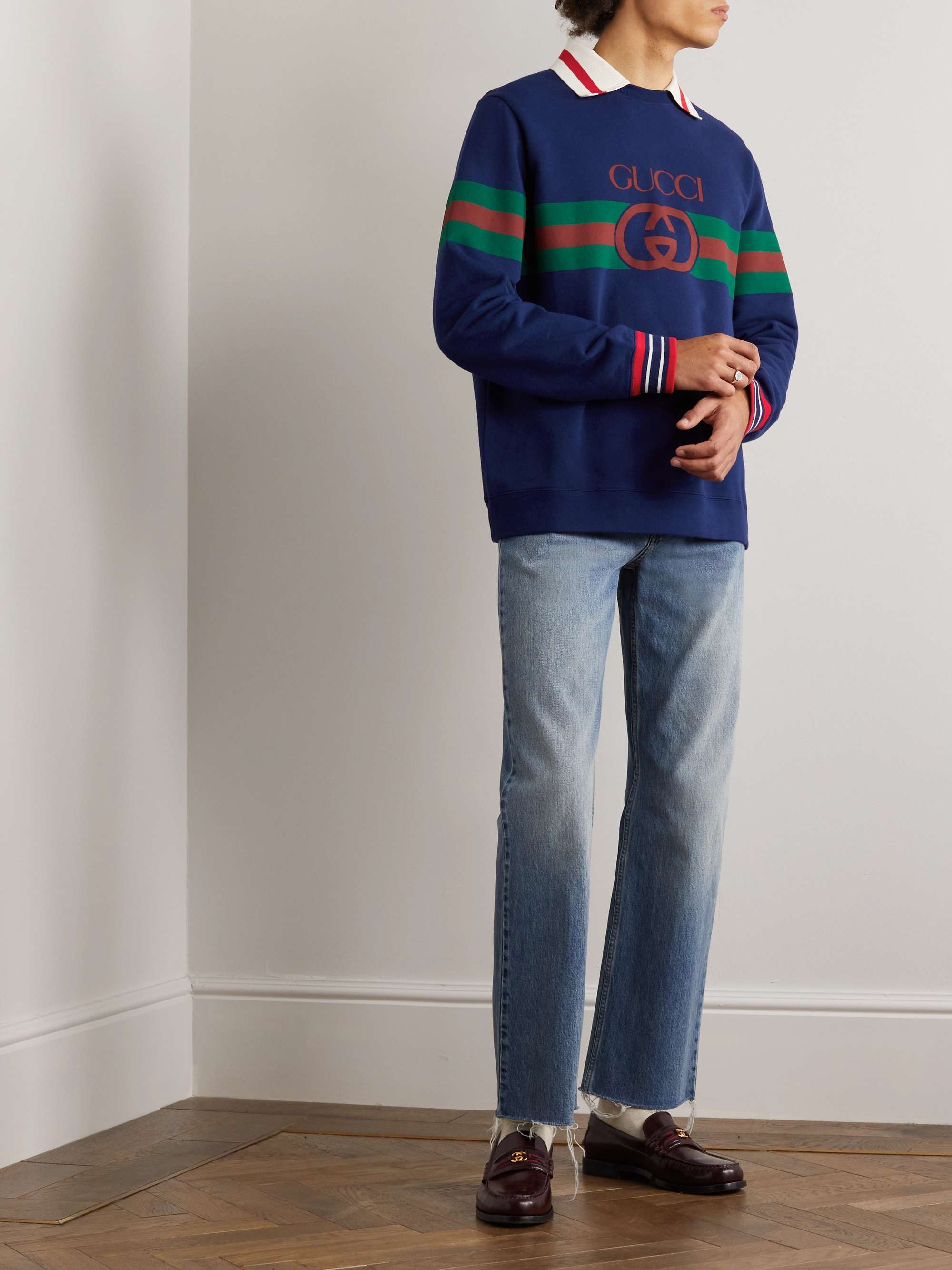 GUCCI Logo-Print Striped Cotton-Jersey Sweatshirt
