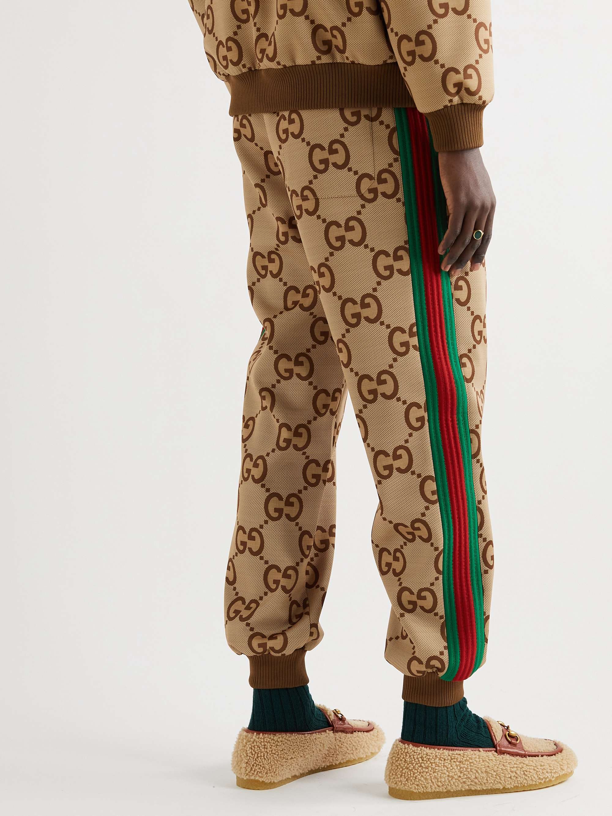 GUCCI Webbing-Trimmed Monogrammed Jersey Sweatpants