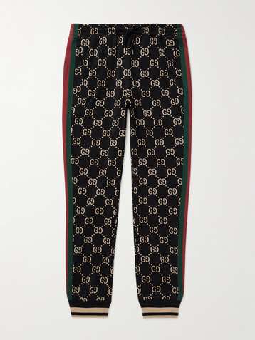 GUCCI Tapered Webbing-Trimmed Monogrammed Cotton-Jersey Sweatpants