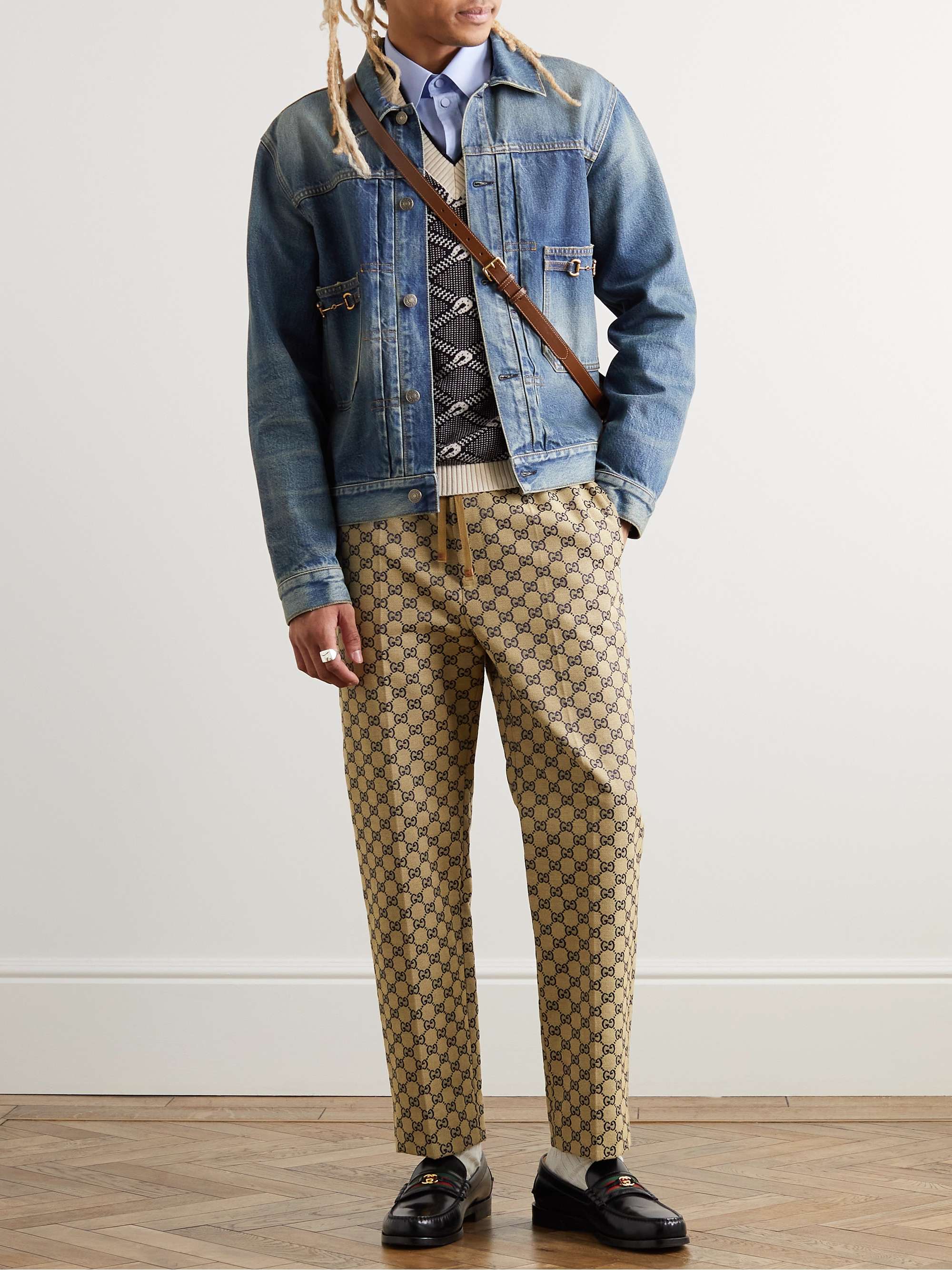 GUCCI Tapered Webbing-Trimmed Monogrammed Cotton-Blend Jacquard Drawstring Trousers